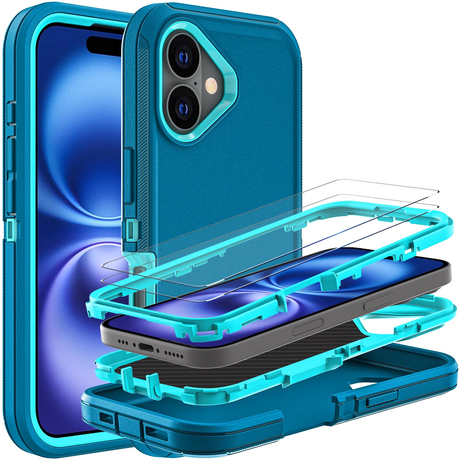 Ykhjklec For Iphone 16 Case, Military Grade 3 In 1 Heavy Duty Shockproof/Drop Proof/Dust Proof Case With 2Pcs Tempered Glass Scr