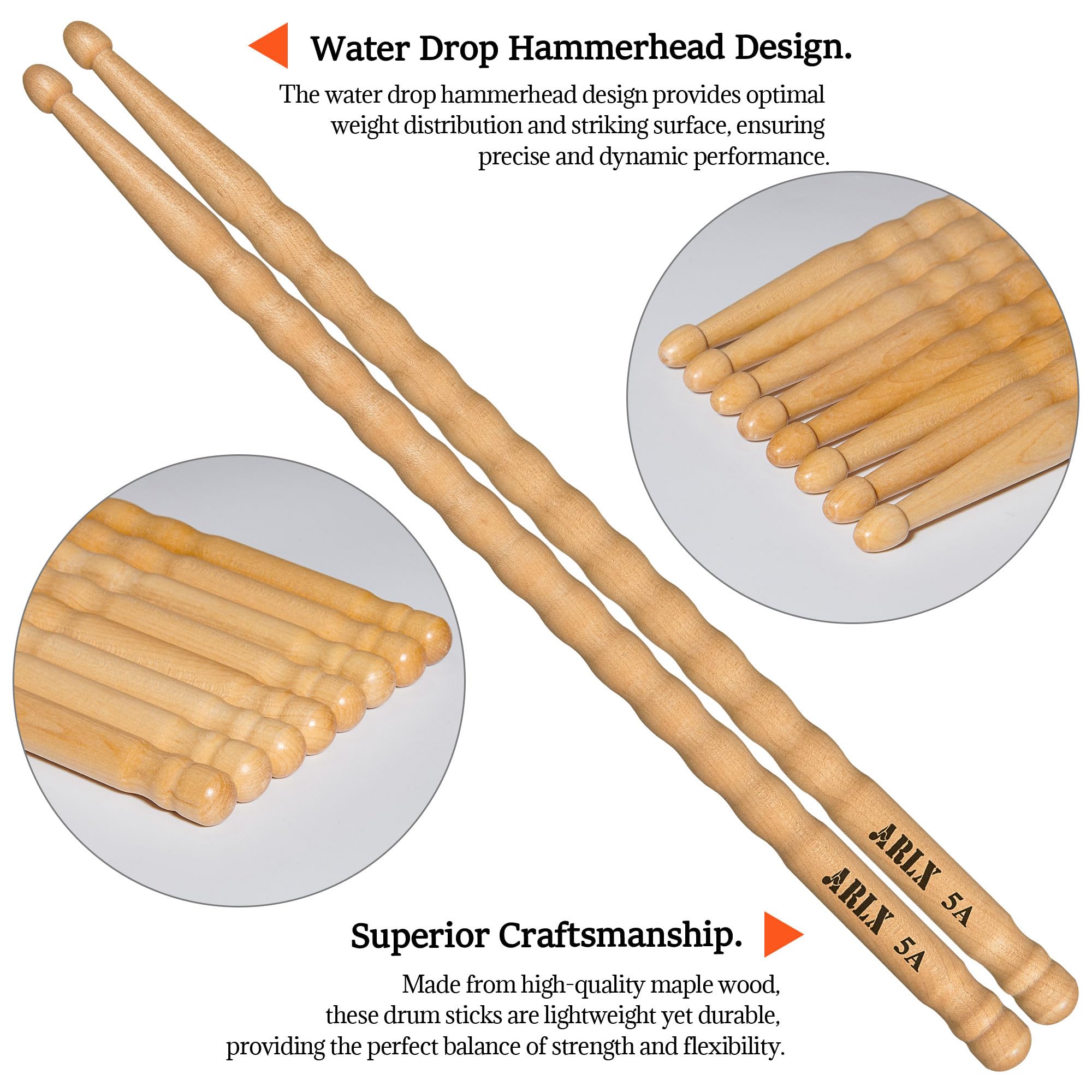 Arlx Drum Sticks 5A Maple Wood Drumsticks Non Slip Wave Design For Drums (2 Pair Wave 5A Drum Sticks)