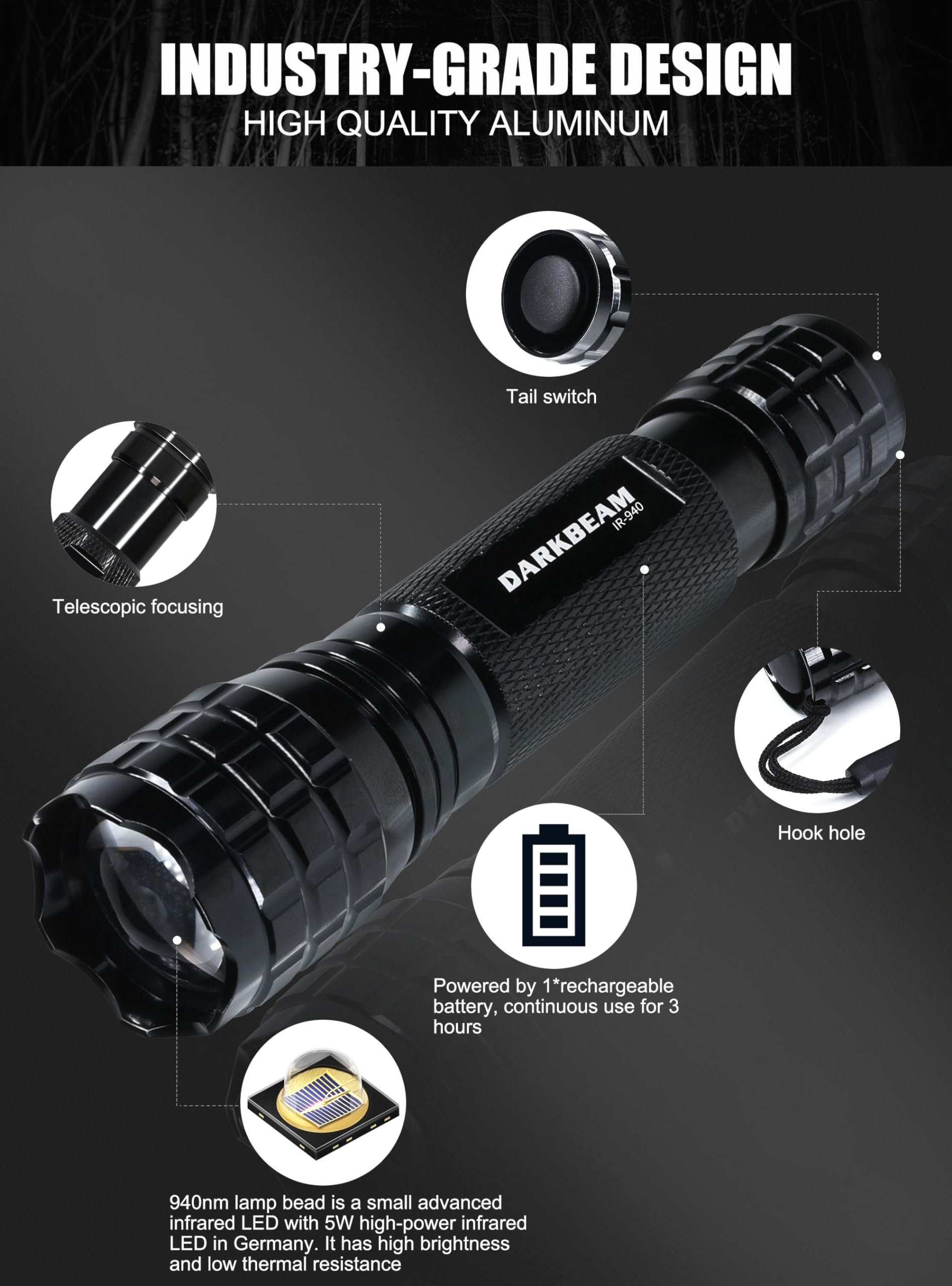 Darkbeam Ir Flashlight Infrared 940Nm Lights Led Mini For Night Vision, Rechargeable Portable Tactical Ir Illuminator Torch, Foc