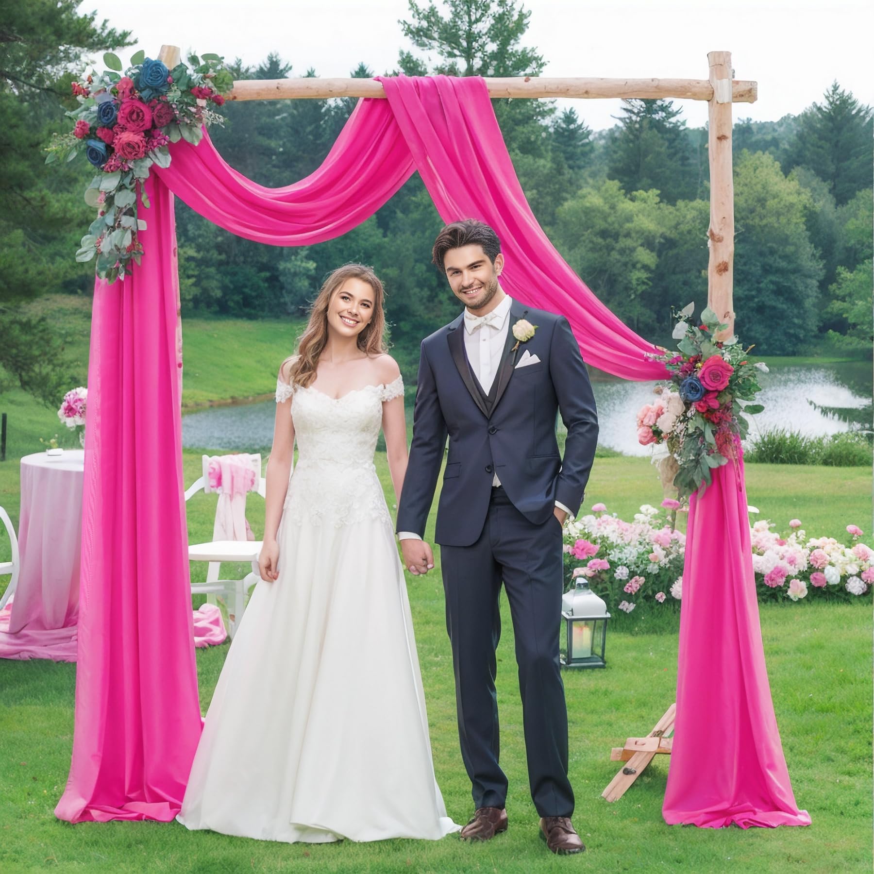 Wedding Arch Draping Fabric,2 Panels 18Ft Hot Pink Sheer Chiffon Curtain Drapes 6 Yards For Wedding Ceremony Birthday Party Deco