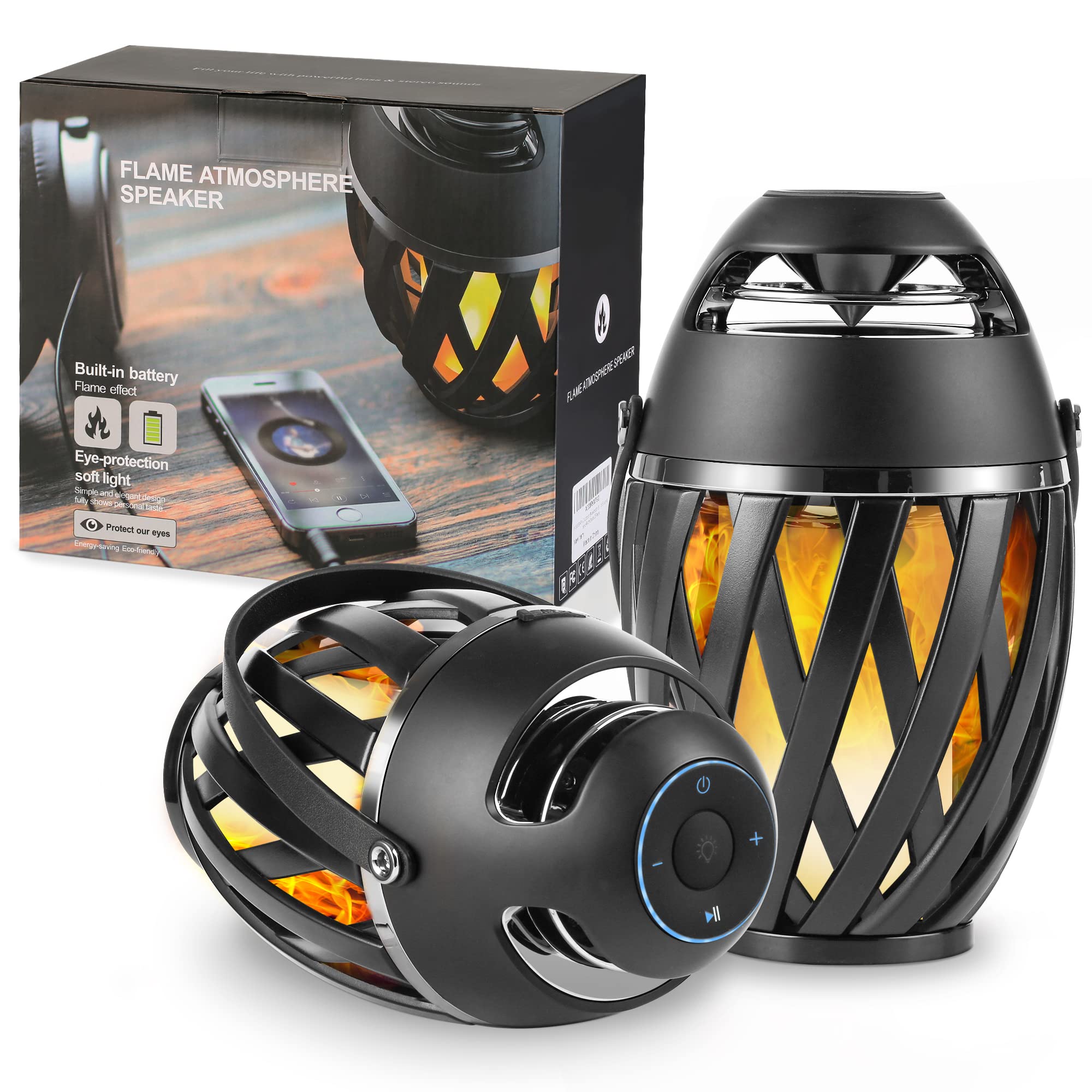 Inssisain 2 Pack Outdoor Bluetooth Speakers Waterproof Wireless, Birthday Gifts For Men Dad, Led Flame Ambient Light, Camping Patio Accessories, Unique Gifts For Him Husband Boyfriend Dad Gifts