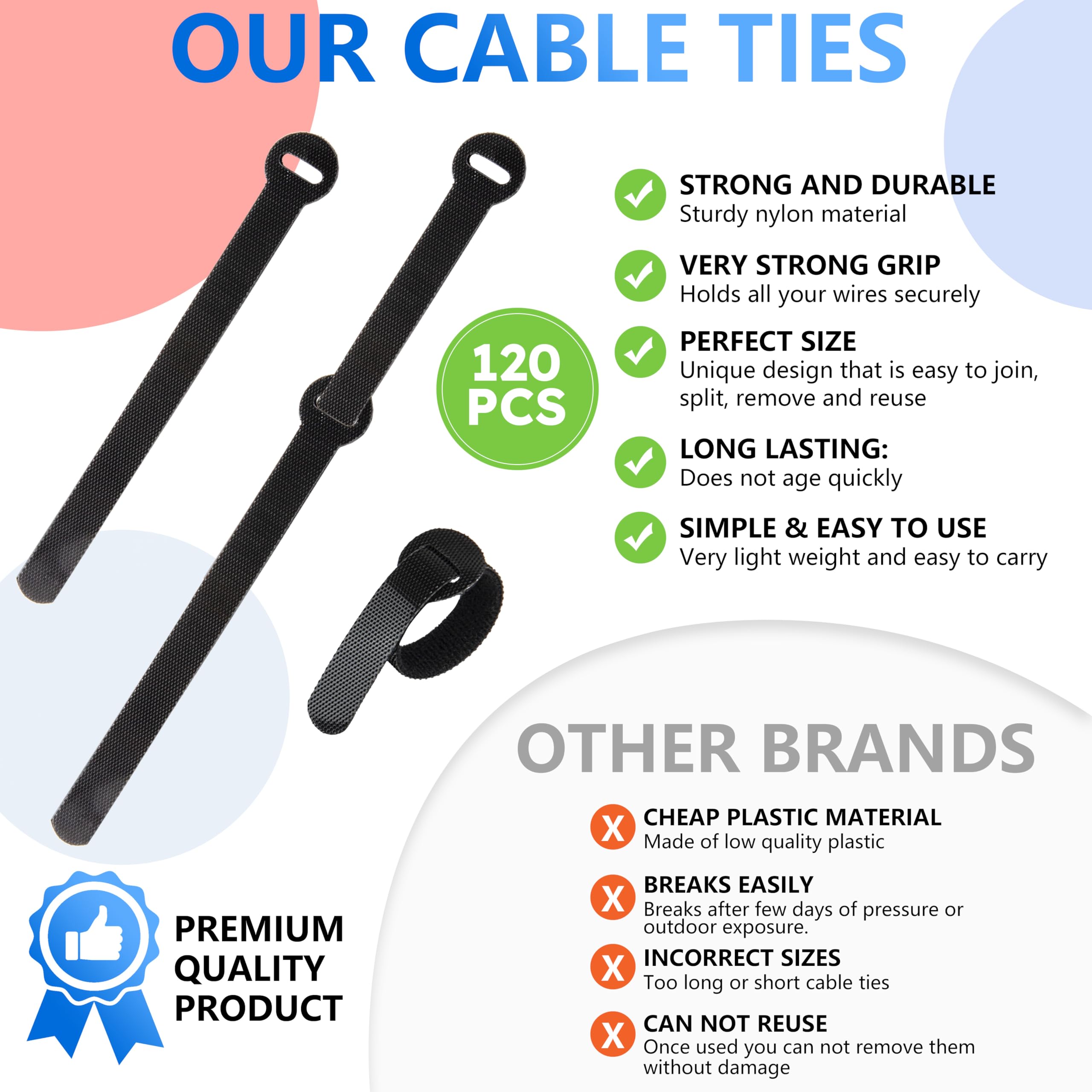 120 X Reusable Cable Ties Black, Adjustable Releasable Hook And Loop Cable Straps For Pc Cable Management, Organizing Cords, Tv,