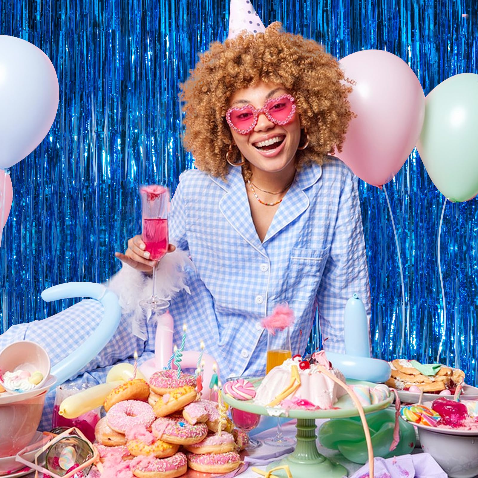 Blue Metallic Tinsel Foil Fringe Curtains, 2 Pack 3.3X8.3 Feet Party Streamer Curtains For Birthday Party Decorations, Halloween