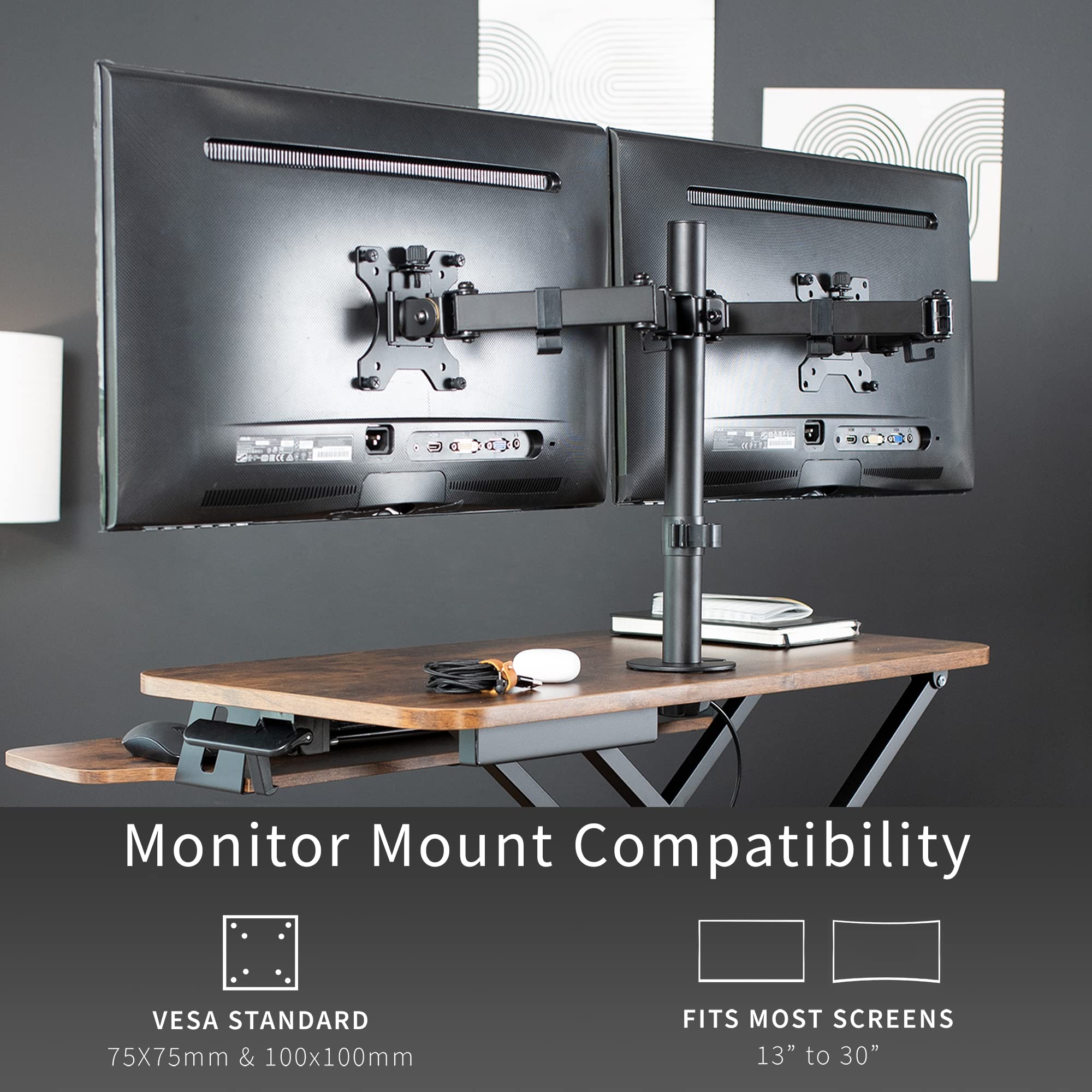 VIVO Height Adjustable 32 inch Standing Desk Converter with Dual 13 to 30 inch Monitor Stand, Sit Stand Monitor Mount and Desk Riser, Vintage Brown Top, Black Frame, DESK V000KN M2