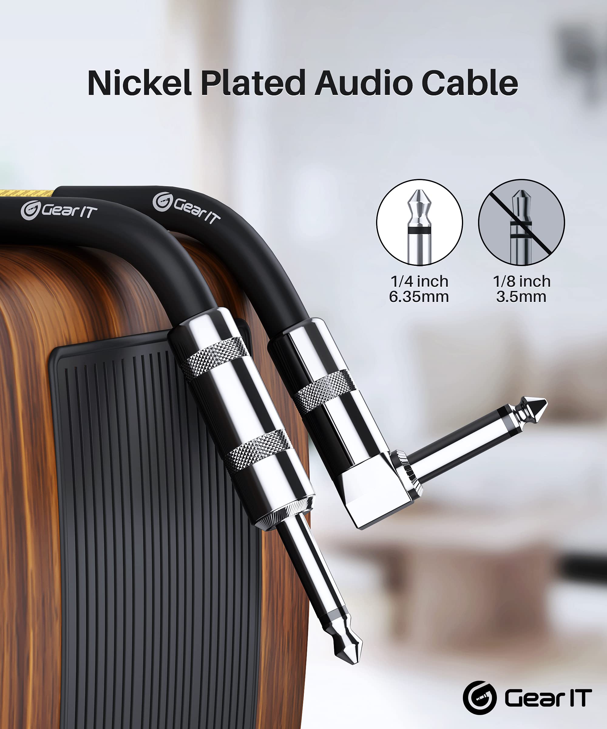 Gearit Audio Instrument Cable (10Ft) Right Angle To Straight 1/4 Inch Male To Male For Amp Cord, Base And Electric Guitar   Brow