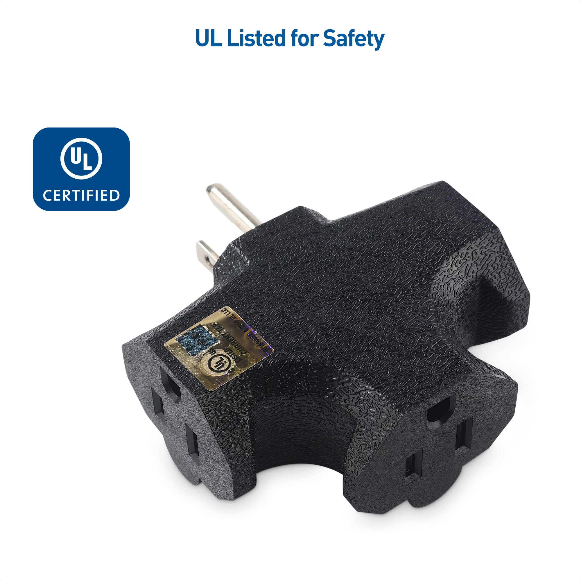 [Ul Listed] Cable Matters 3 Pack 3 Way Plug Adapter 15A 1875W In Black (3 Prong 3 Outlet Adapter, Power Splitter Plug Outlet, Mu