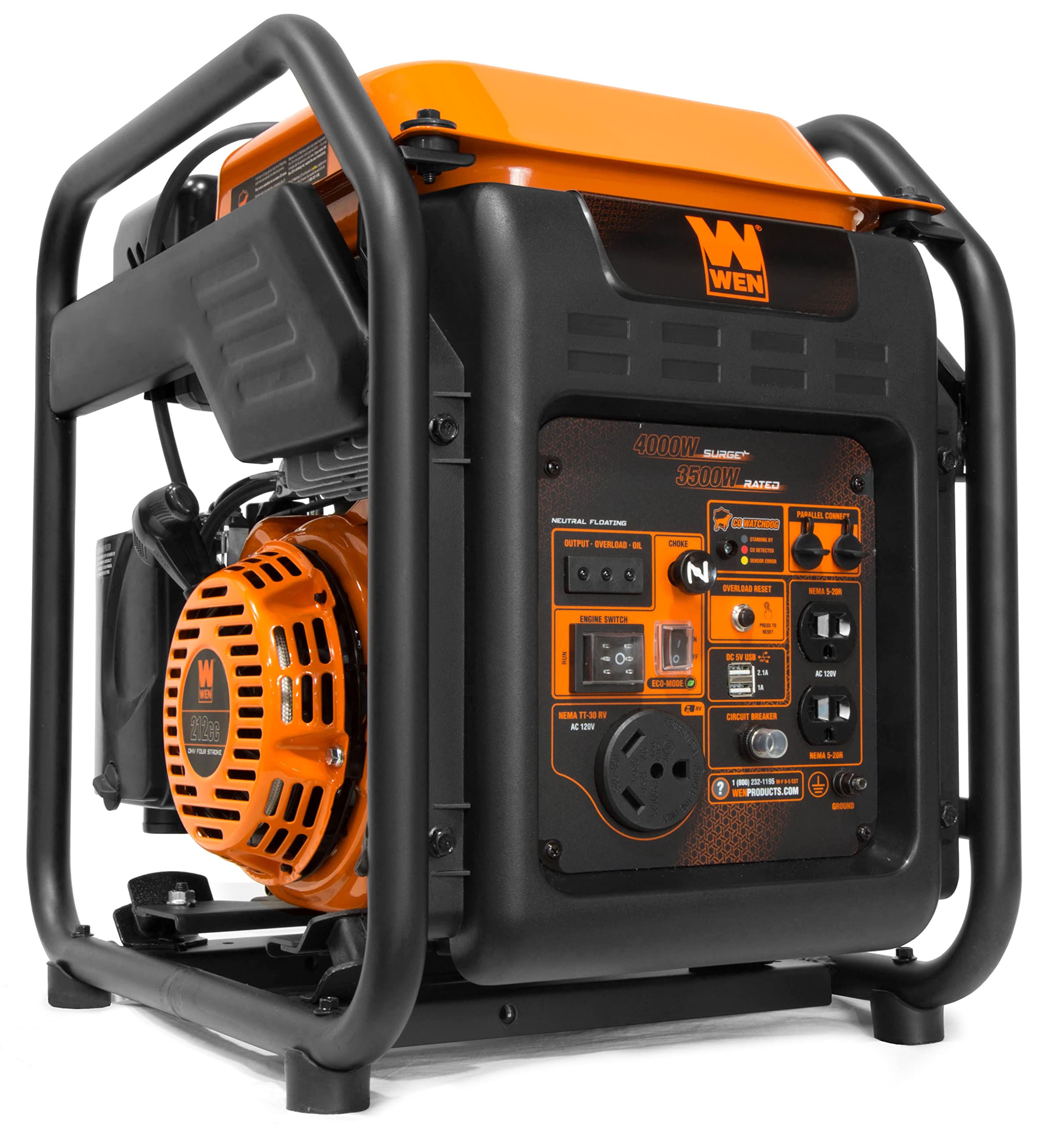 WEN GN400iX RV-Ready 4000-Watt Open Frame Inverter Generator with CO Shutdown Sensor, Black/Orange