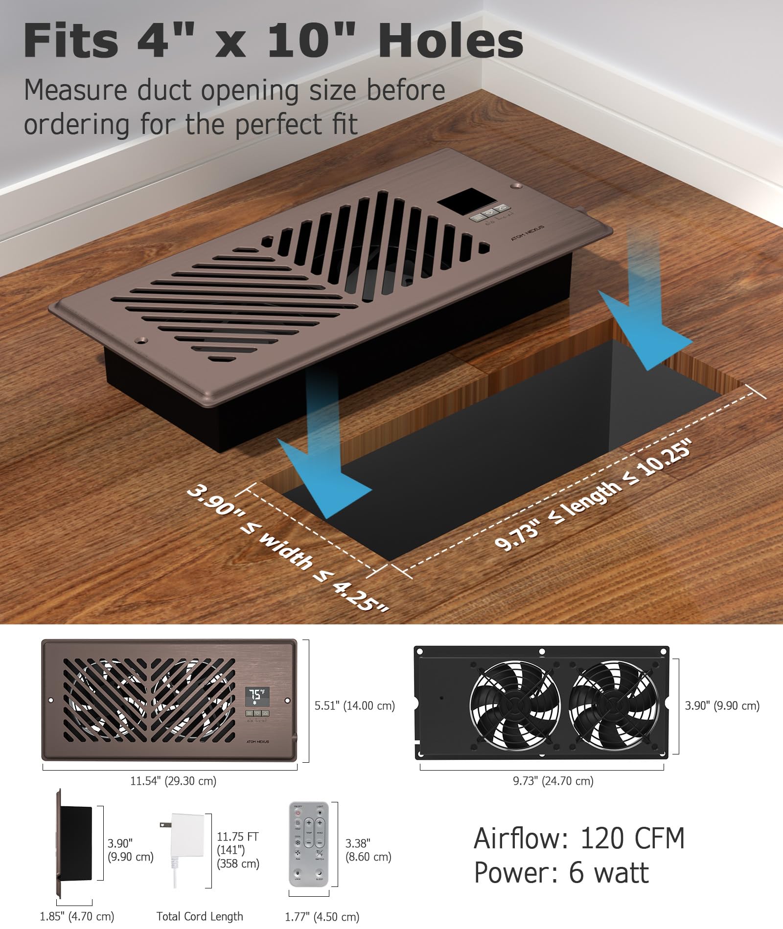 Atom Nexus Quiet Register Booster Fan Fits 4   X10    Register Holes, Smart Vent Booster Fan With Thermostat Control & Remote Co