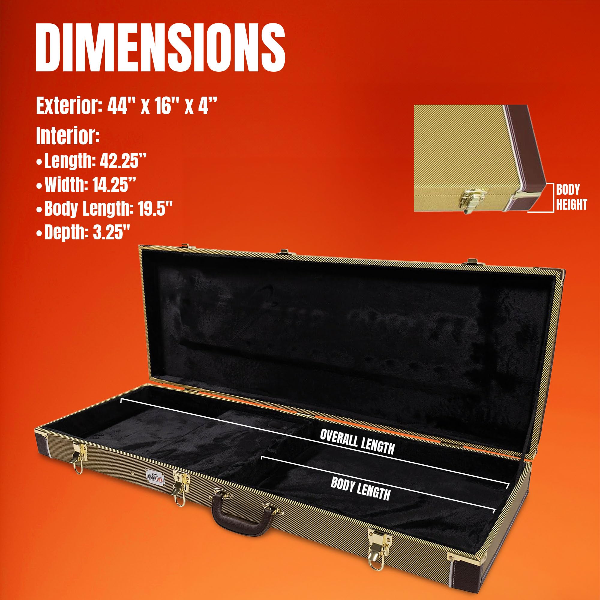 Gearlux Rectangular Wooden Electric Guitar Hard Case For Fender Jaguar/Jazzmaster And Offset Guitars With Exterior Lock And Key,