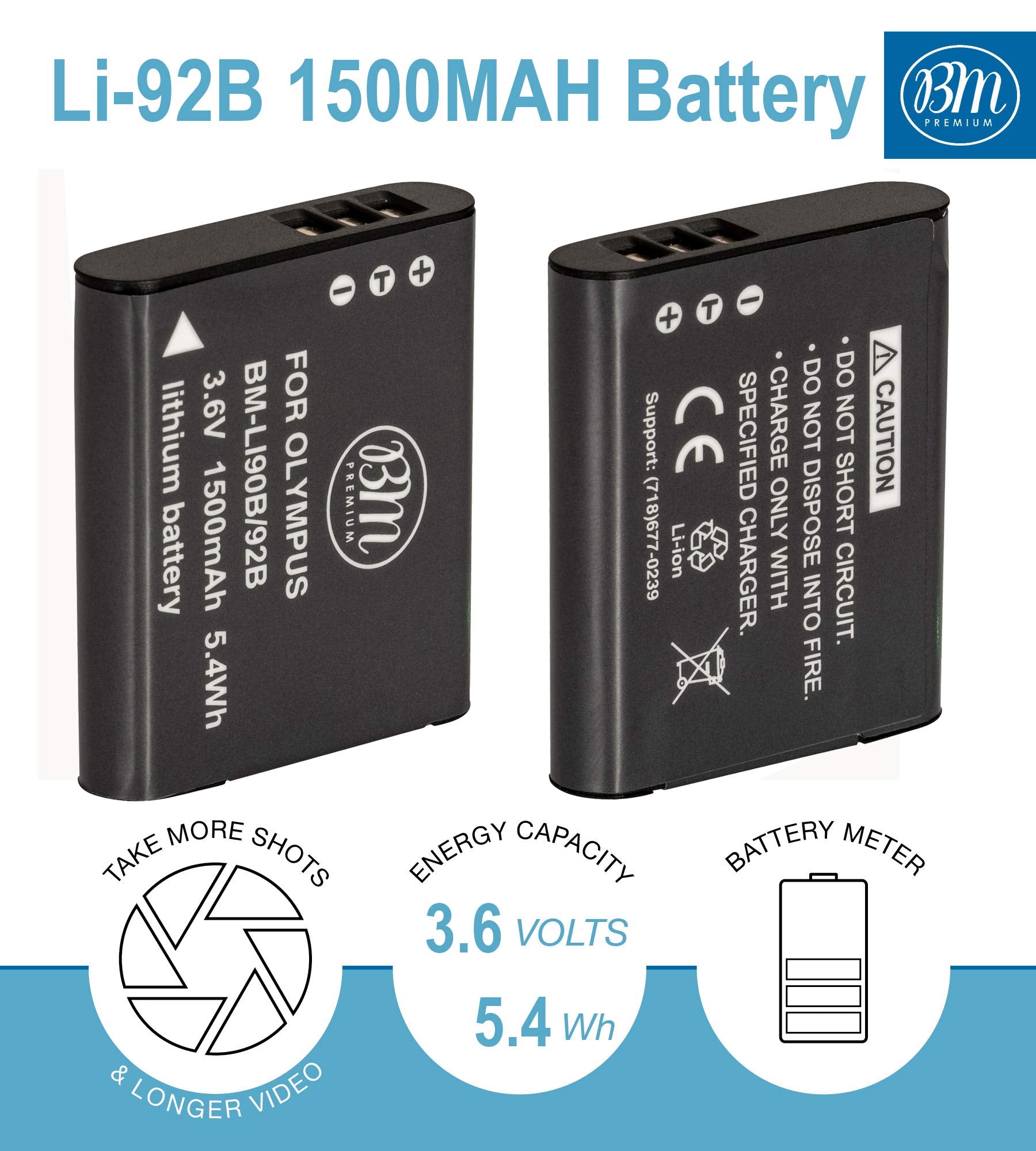 BM Premium Dual Battery Charger with 2 LI-90B, LI-92B Batteries for Olympus Tough TG-6, TG-5, TG-Tracker - 2 Batteries + Charger