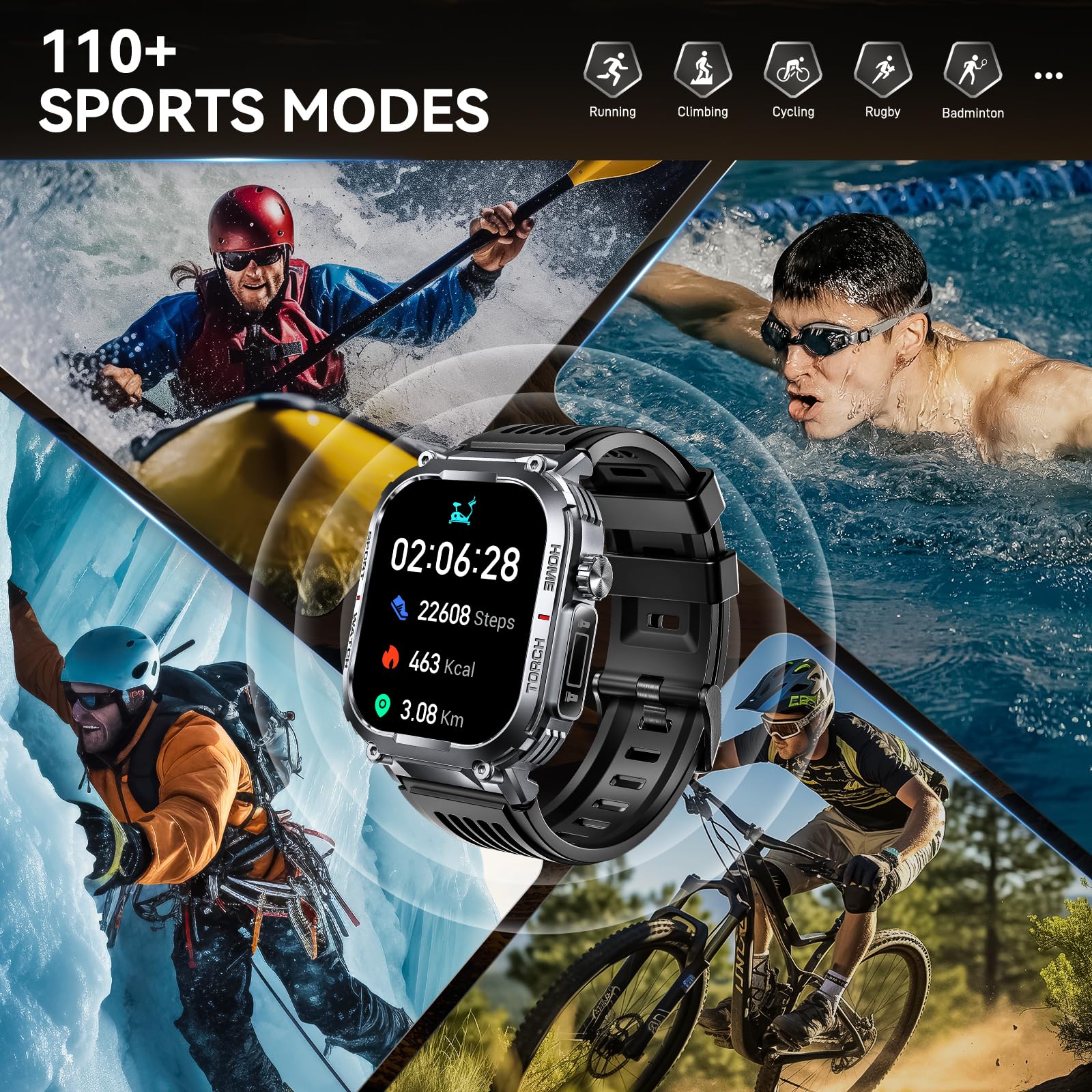 Bassizo Military Smart Watch For Men 3Atm Waterproof With Call/Led Flashlight 2.02'' Hd Big Screen Rugged Tactical Smartwatch Wi