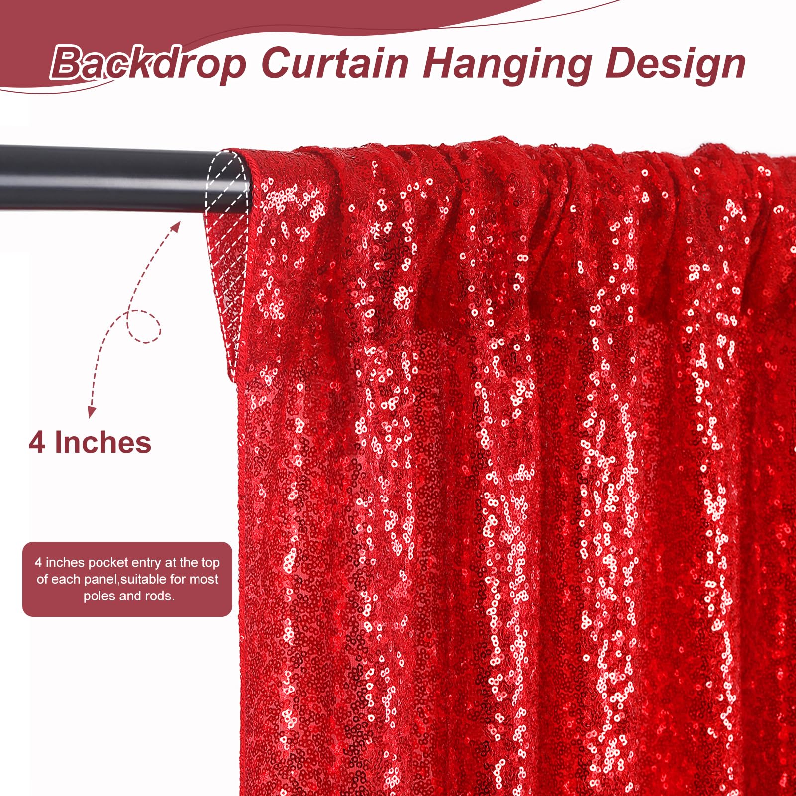 Sparkly Sequin Backdrop Curtains 6 Pcs 2Ftx8Ft Red Birthday Party Backdrop Sequence Sequin Drapes Fabric Christmas Decorations