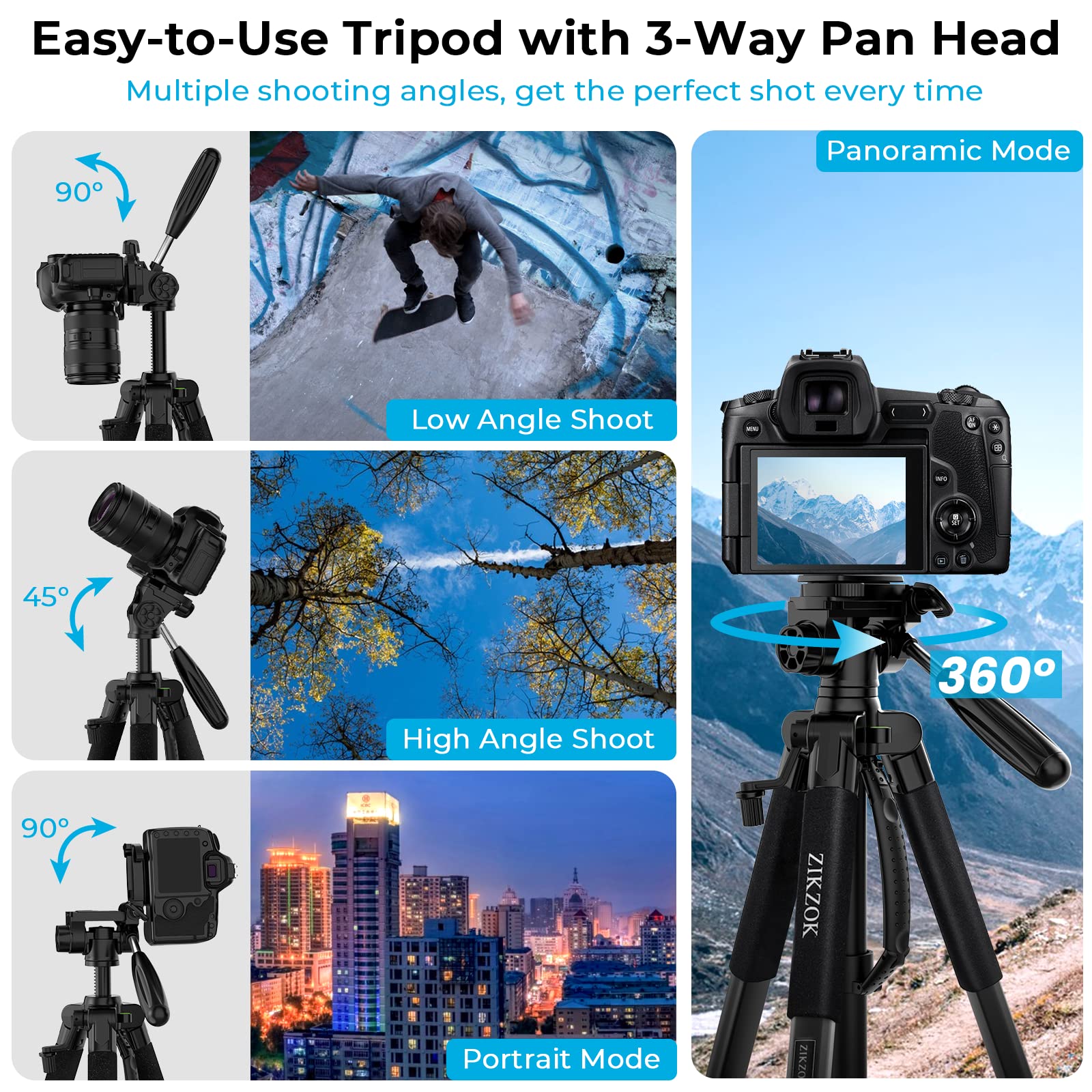 ZIKZOK 75" Heavy Duty Aluminum Tripod for DSLR, iPad, Phone - Black, Model PT80, Max Load 15 lb, Includes Carry Bag and Holder