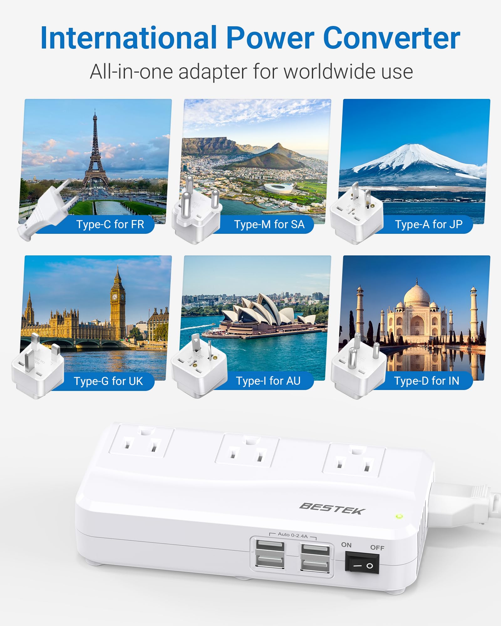 Bestek International Power Adapter 250W, 220V To 110V Step Down Travel Voltage Converter With 4 Port Usb Including Us/Au/Eu/Uk//India/South Africa Plug Adapter (White)