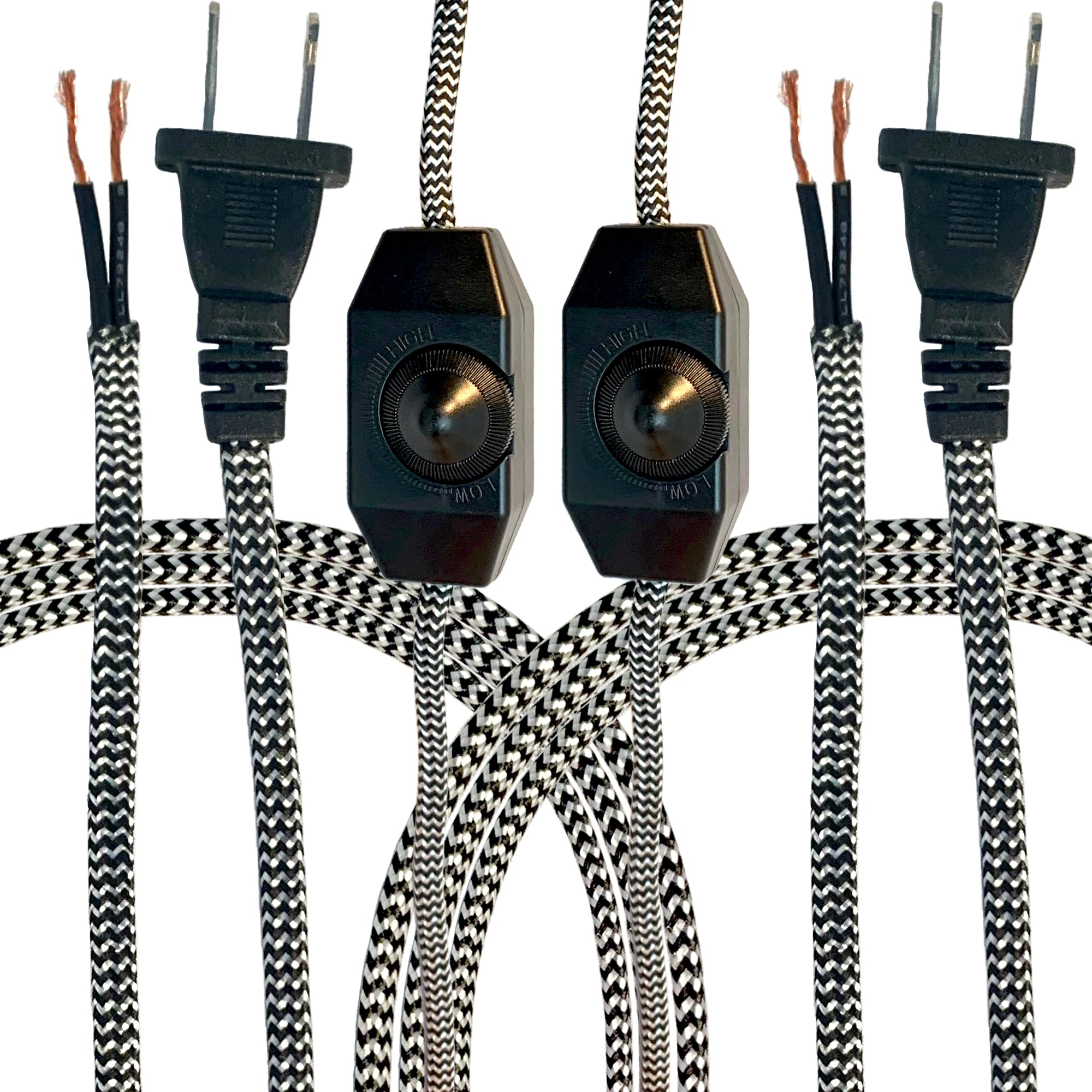 Royal Designs, Inc. Lamp Cord Molded Plug With Dimmer Switch, Stripped Ends Ready For Wiring, 8 Ft Long, Black/White, Spt 1 Ul L