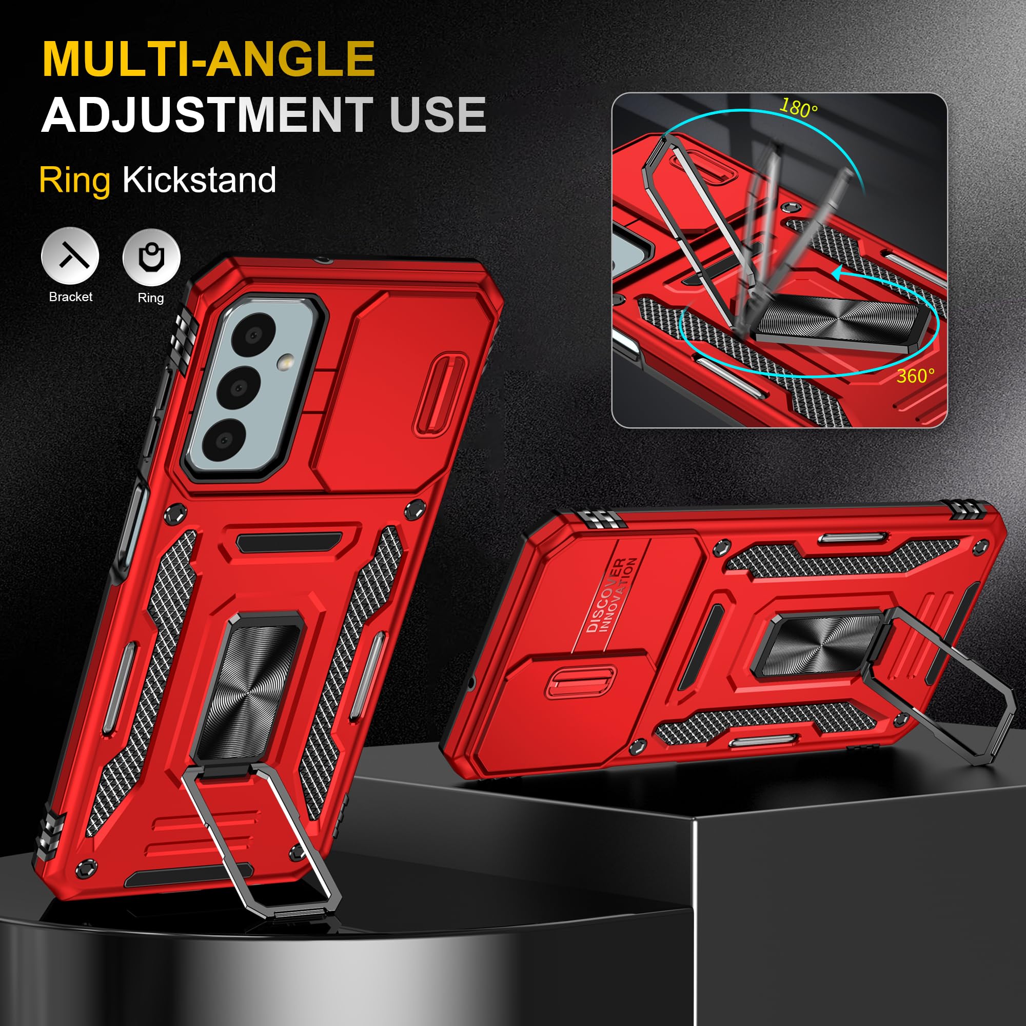 Ezanmull Samsung Galaxy A15 5G Protective Case, Military Grade Shockproof Phone Case With Slide Camera Cover, Rotated Ring Kicks