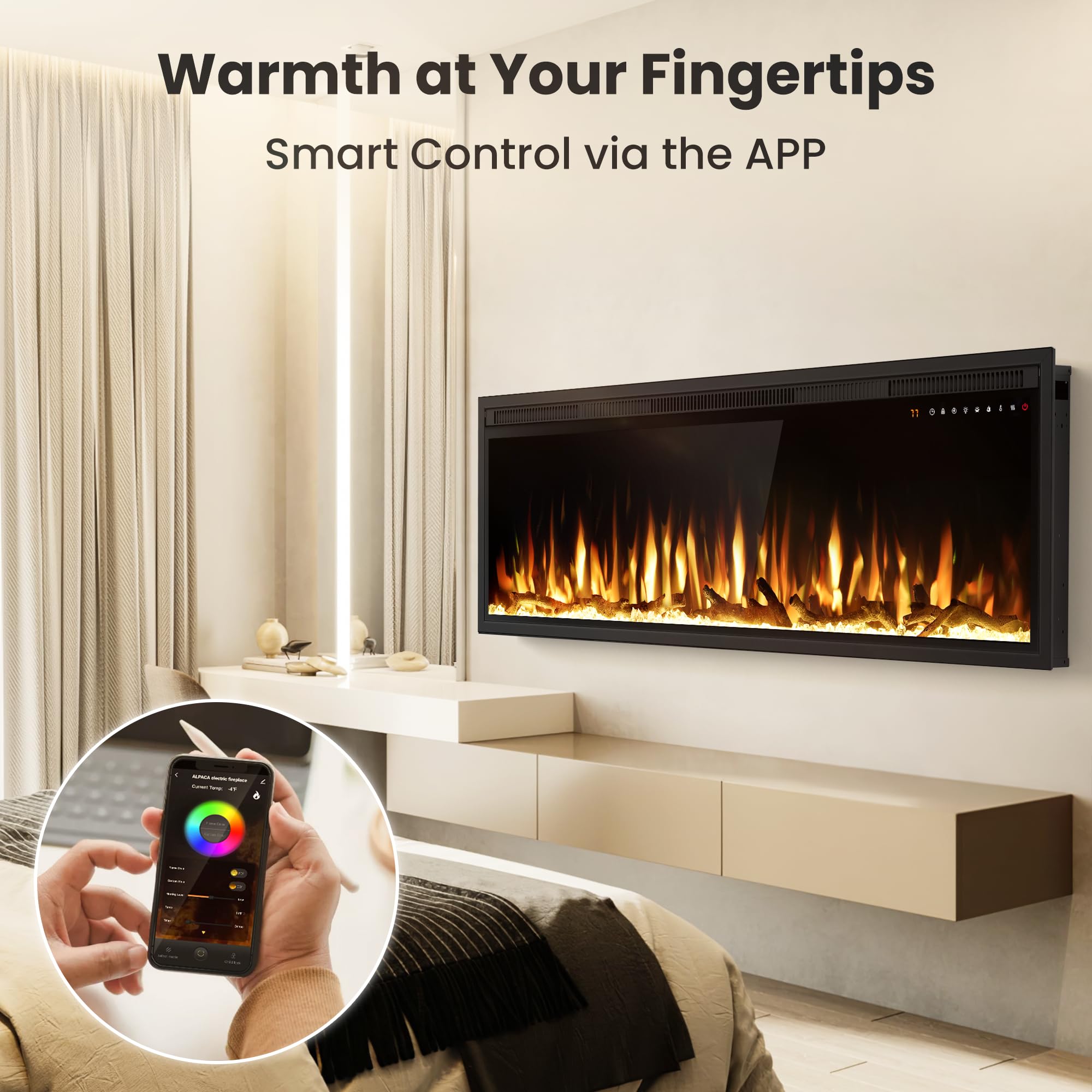 Smart 50'' Wifi Enabled Electric Fireplace Heater, Recessed In Wall And Wall Mounted Linear Fireplace,Compatible With Alexa,13 A