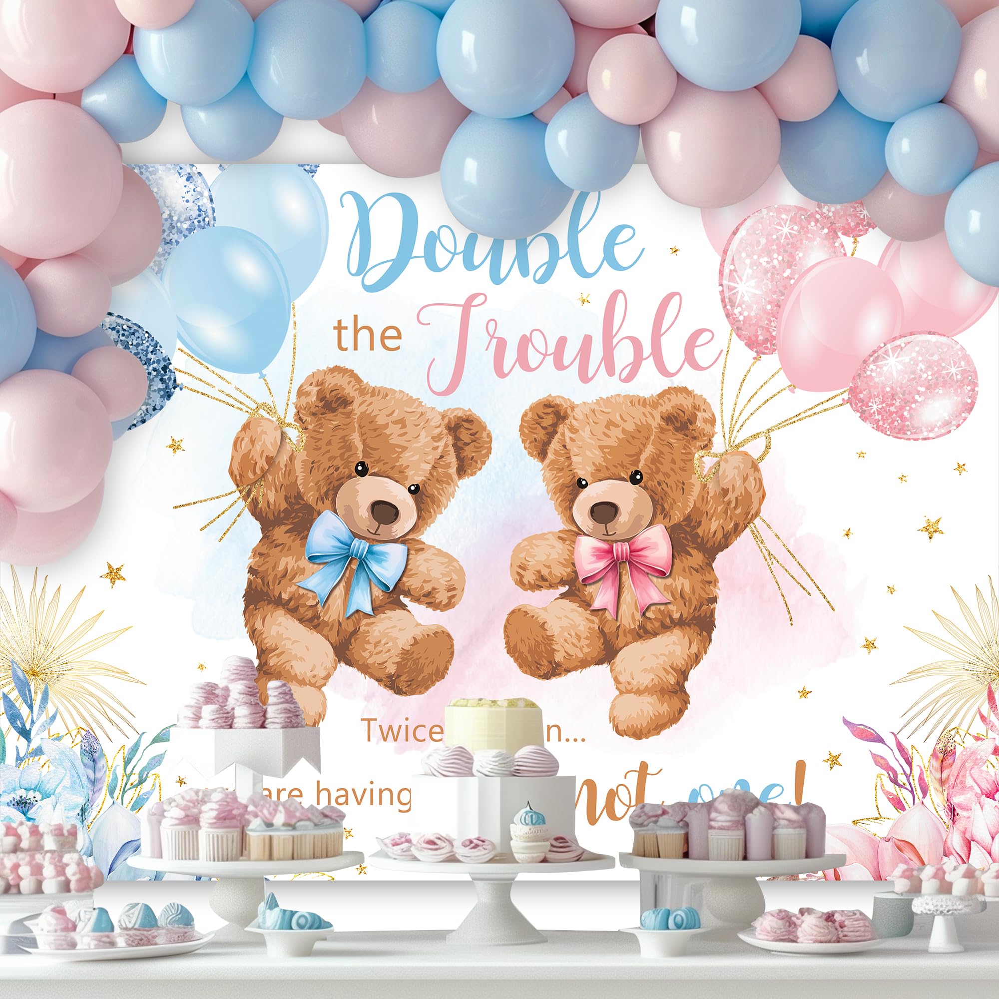 Lightinhome Double The Trouble Twice The Fun We Are Having Backdrop 7Wx5H Feet For It'S Twins Baby Shower Blue Pink Bear Gender