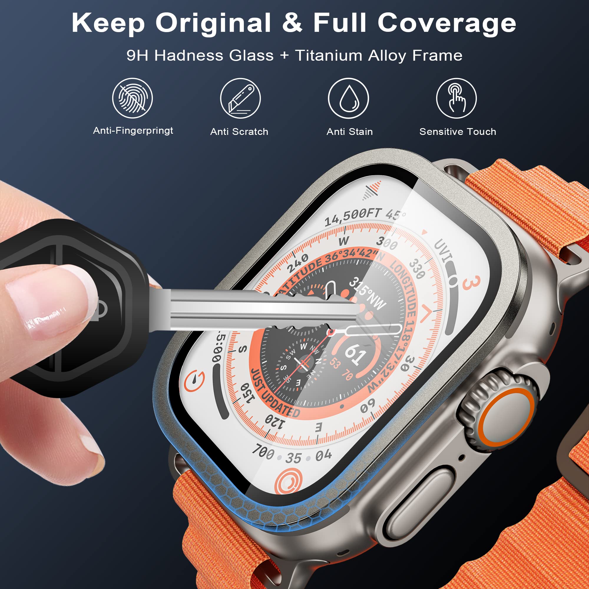 Wsken For Apple Watch Ultra Screen Protector 49Mm,9H Tempered Glass + Titanium Alloy Frame, [Keep Original] [Touch Sensitive] Li