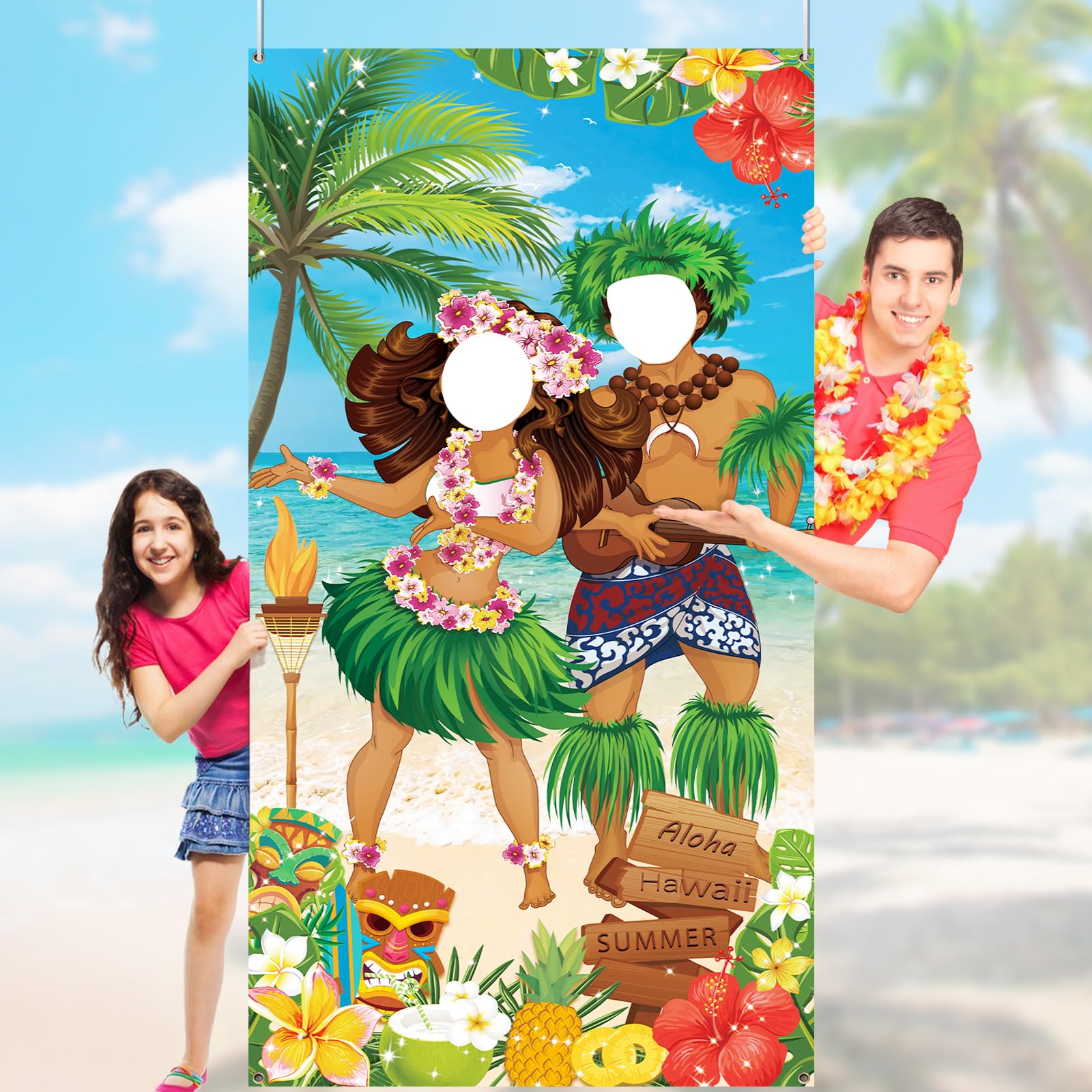 Hiparty Hawaiian Luau Party Decorations, Luau Couple Photo Door Banner, Tiki Luau Photo Props For Beach Party Tiki Banner Backgr
