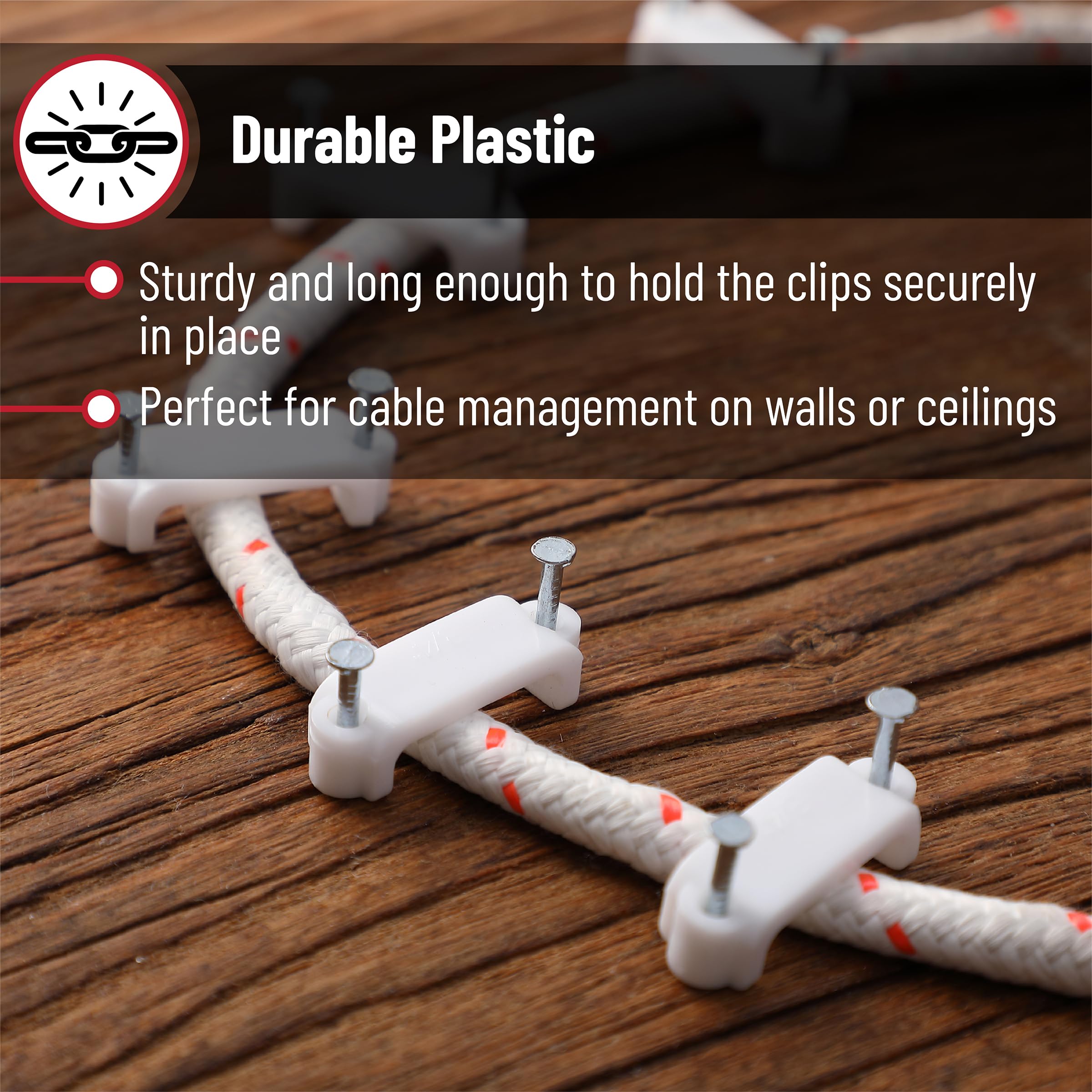 Bates  Cable Clips With Steel Nails, 200 Pcs, White, Large, 2 Nail Cord Clips For Wires On Wall, Cable Wall Clip, Wire Wall Clip
