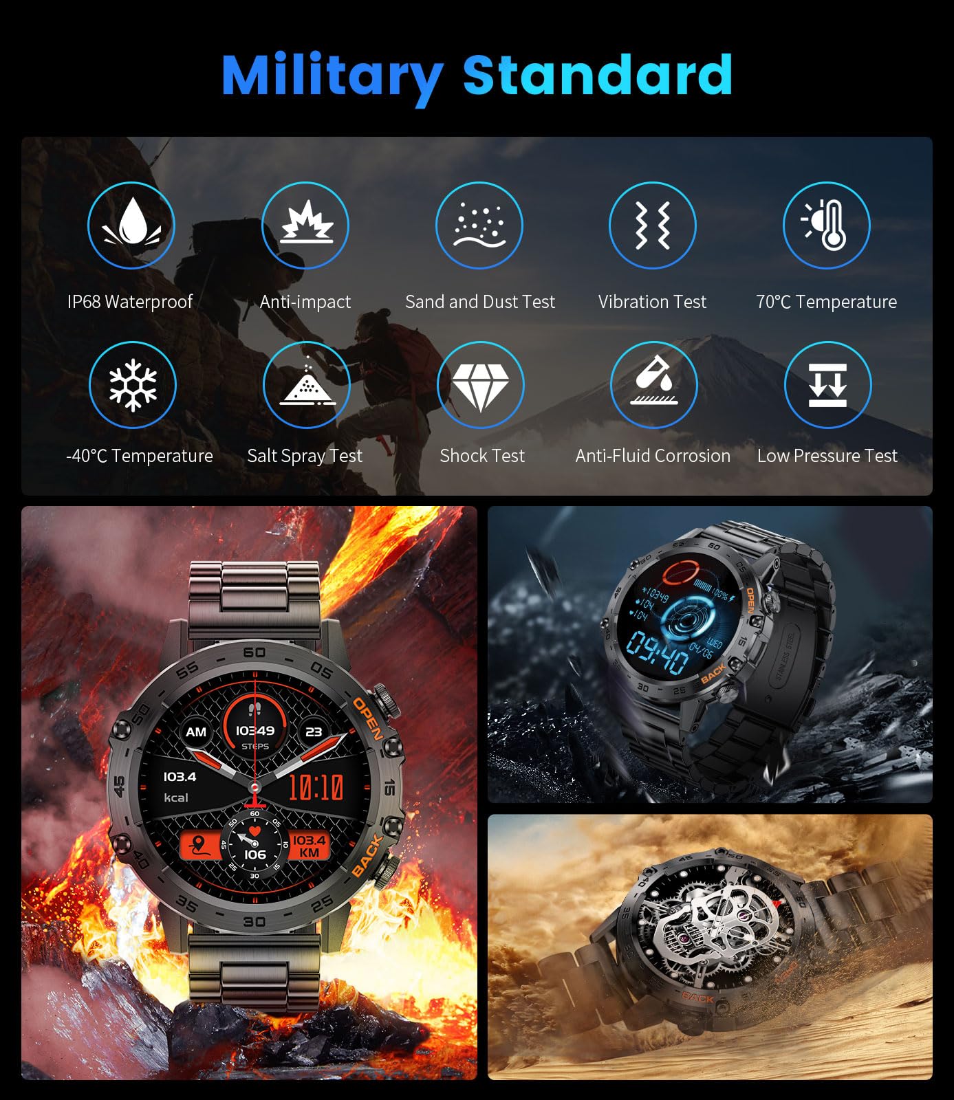 Foxbox Militray Smart Watch For Men, 1.39'' Touchcreen Smartwatch Answer/Make Calls With 100 Sports Modes, Ip68 Waterproof, 400M