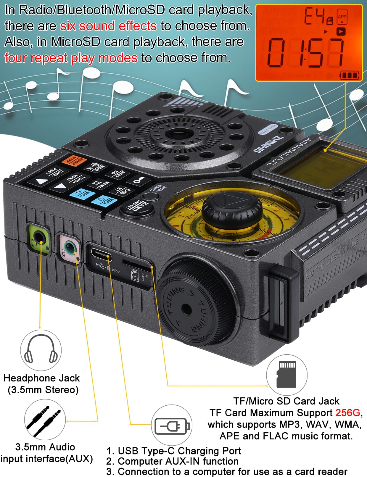 ZHIWHIS ZWS-A320 Portable Shortwave Radio AM FM VHF SW WB Bluetooth APP Control Recording Rechargeable Stereo Emergency Receiver