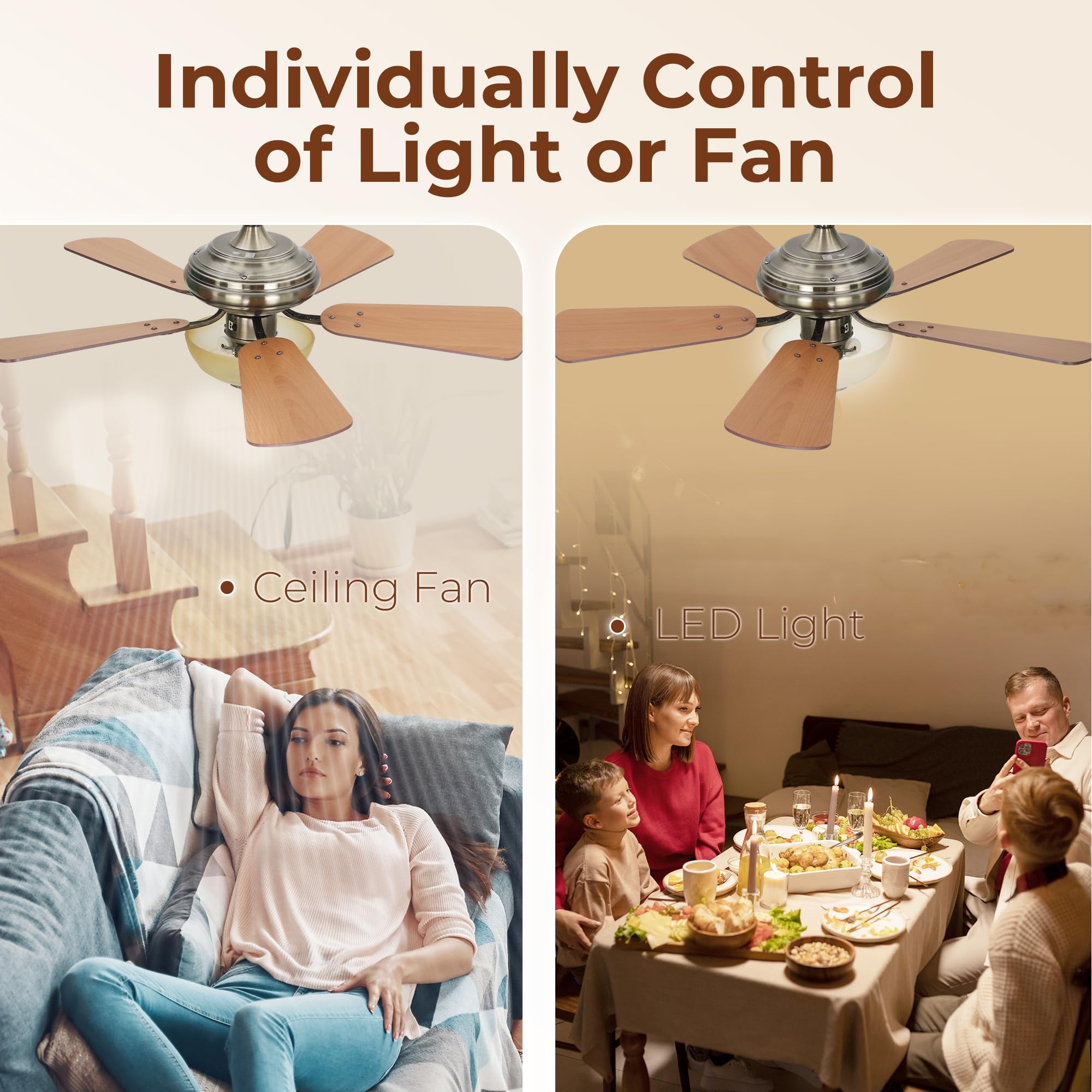 42 Inch Ceiling Fan With Light, Low Profile Ceiling Fan With Light, Fan Pull Chain With 5 Dual Sided Blades, 3 Speed Dc Reversib