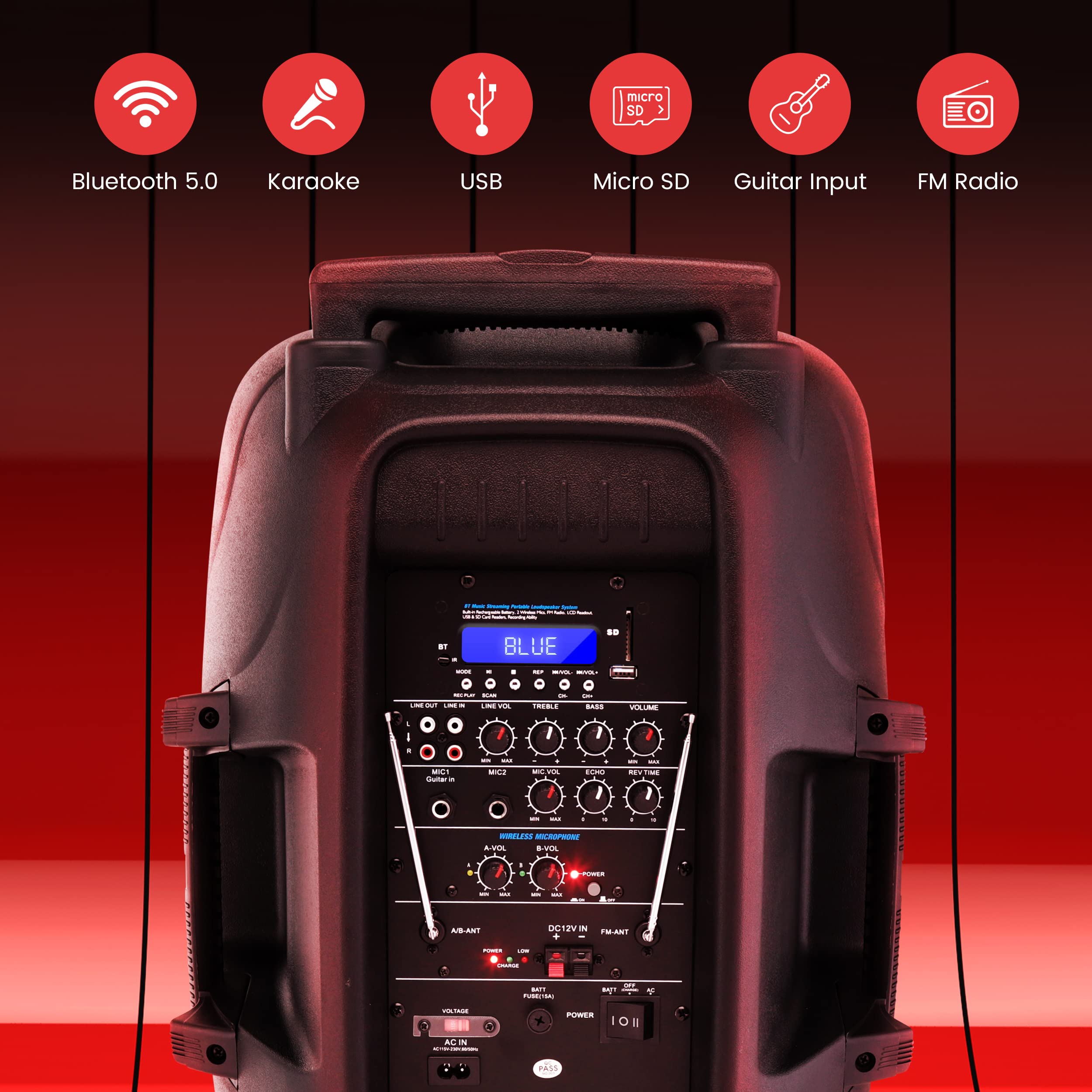 Pyle 1600 Watt, 15'' Bluetooth Pa Speaker Indoor/Outdoor Portable Sound System With (2) Uhf Wireless Microphones Rechargeable Ba