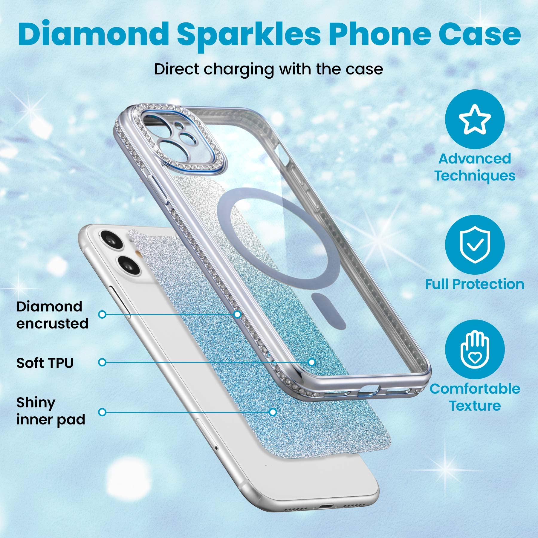 Zcdaye Case For Iphone 14 Plus With Diamond Decorated, Iphone 14 Plus Phone Case Compatible With Wirless Charging, Blue Edge Ele
