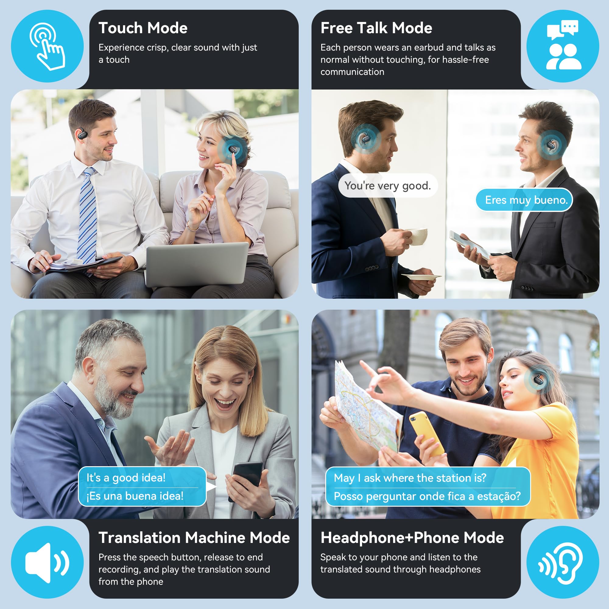 Ai Language Translation Earbuds, 3-In-1 Instant Translator Earbuds With 163 Languages Wireless Bluetooth Two Way Online Voice Tr