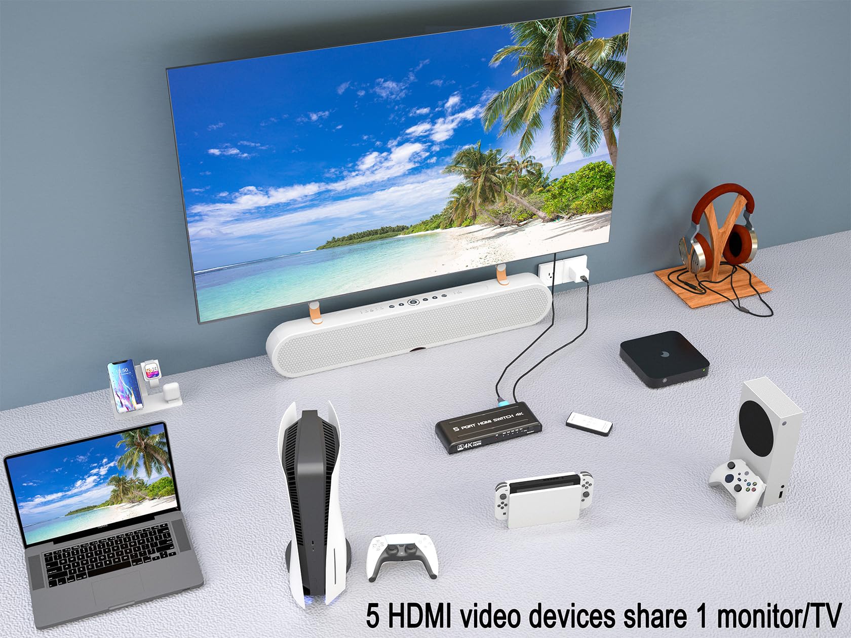 Hdmi Switch 5 In 1 Out 4K@60Hz,Kago 5 Port Hdmi Selector Box With Remote, Metal Shell Hdmi 2.0 Splitter Switcher Support Hdr Hdc