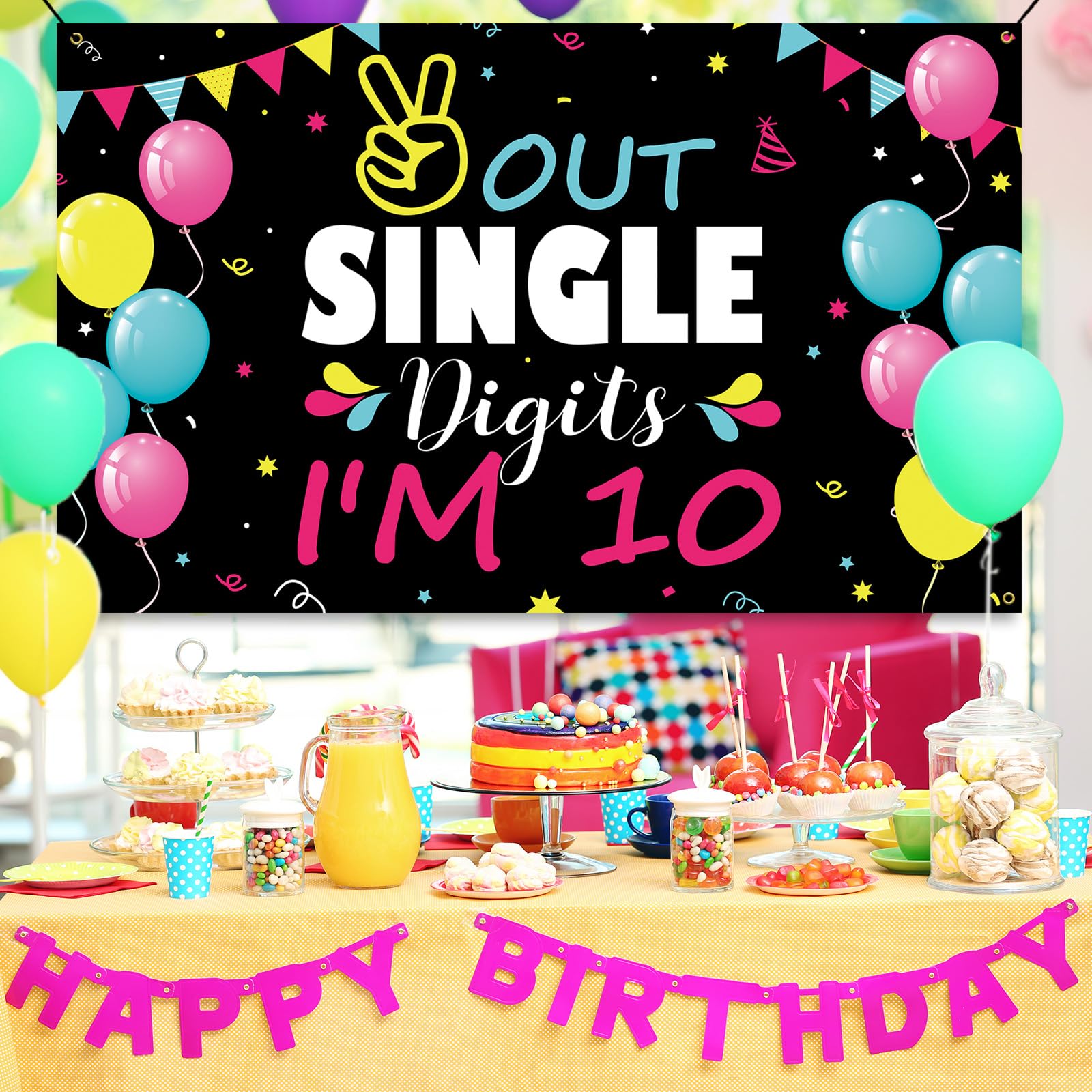 Htdzzi 10Th Birthday Decorations For Girls Boys, Happy 10Th Birthday Backdrop Banner, Double Digits 10 Year Old Birthday Party Y