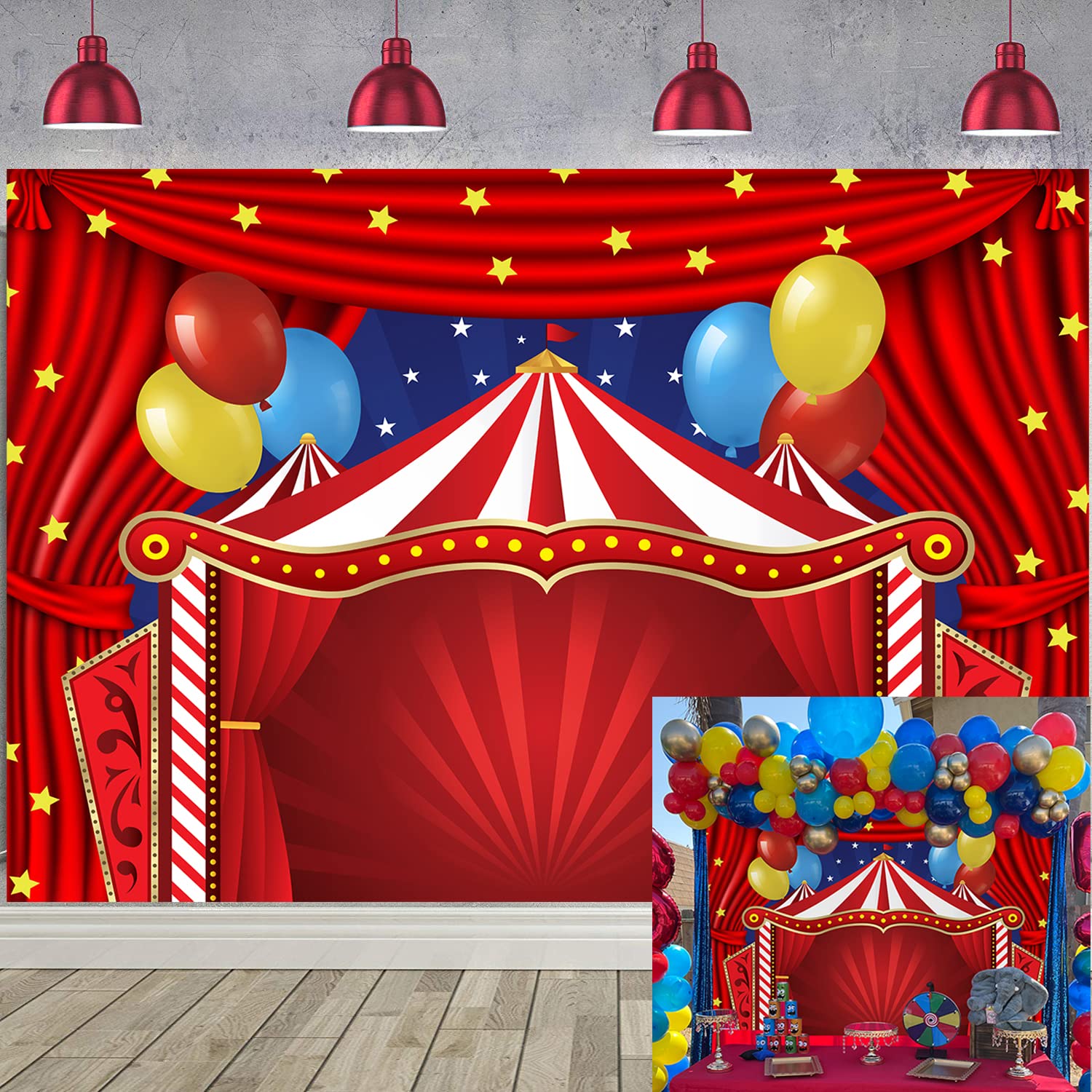 Cenven Circus Carnival Themed Backdrop Red Curtain Stars Birthday Party Photography Background Newborn Baby Shower Birthday Cake