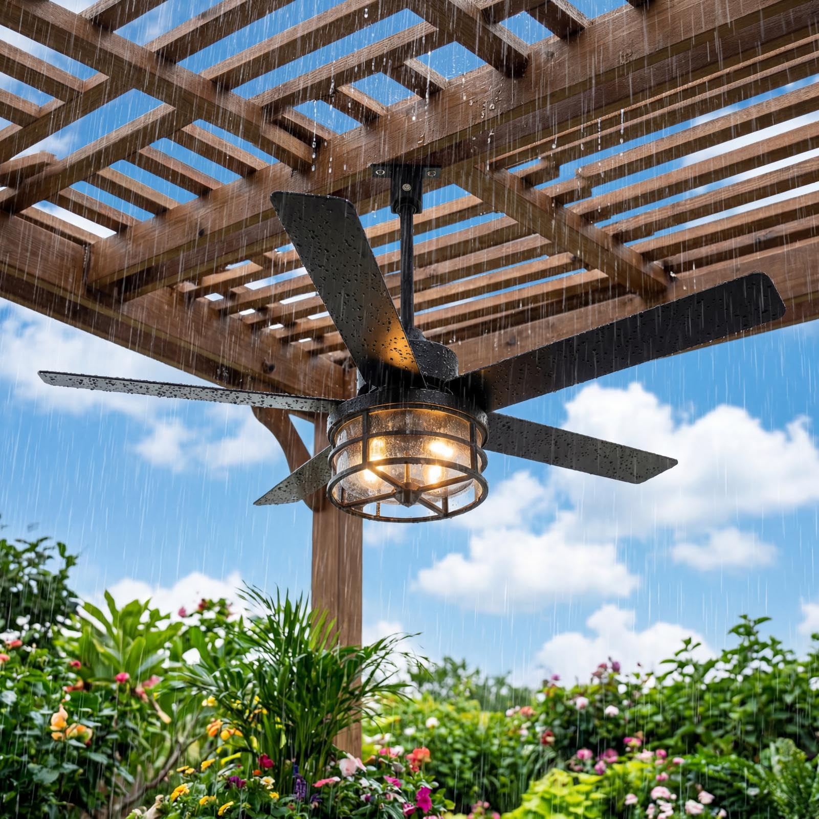 Virelite 52 Weatherproof Outdoor Ceiling Fan with 4 E12 Base, Plug-in Caged Patio Fan, 6-Speed Remote & App Control, Reversible 