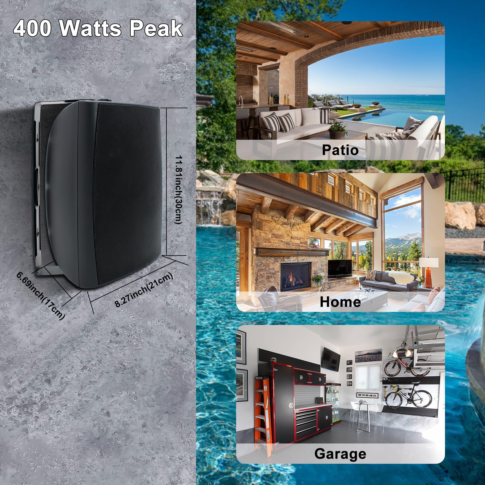 Herdio 6.5 Inches Indoor Outdoor Bluetooth Speakers Waterproof Wired 400 Watts With Powerful Bass,2 Way Wall Mount Speakers All