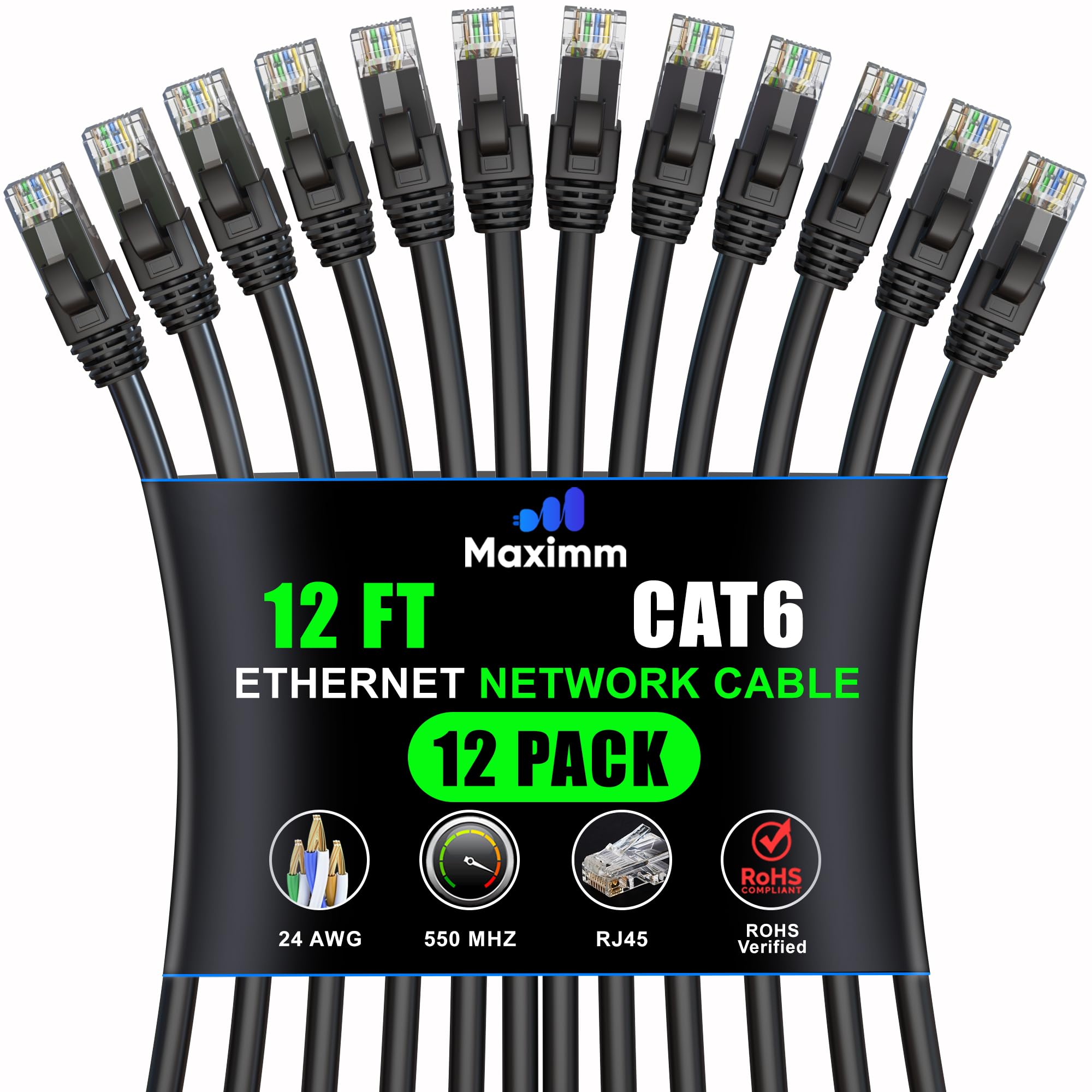 Maximm Cat 6 Ethernet Cable 12 ft (12Pack)  HighSpeed LAN Cable, Internet Cable, Patch Cable, and Network Cable  UTP, 10Gbps