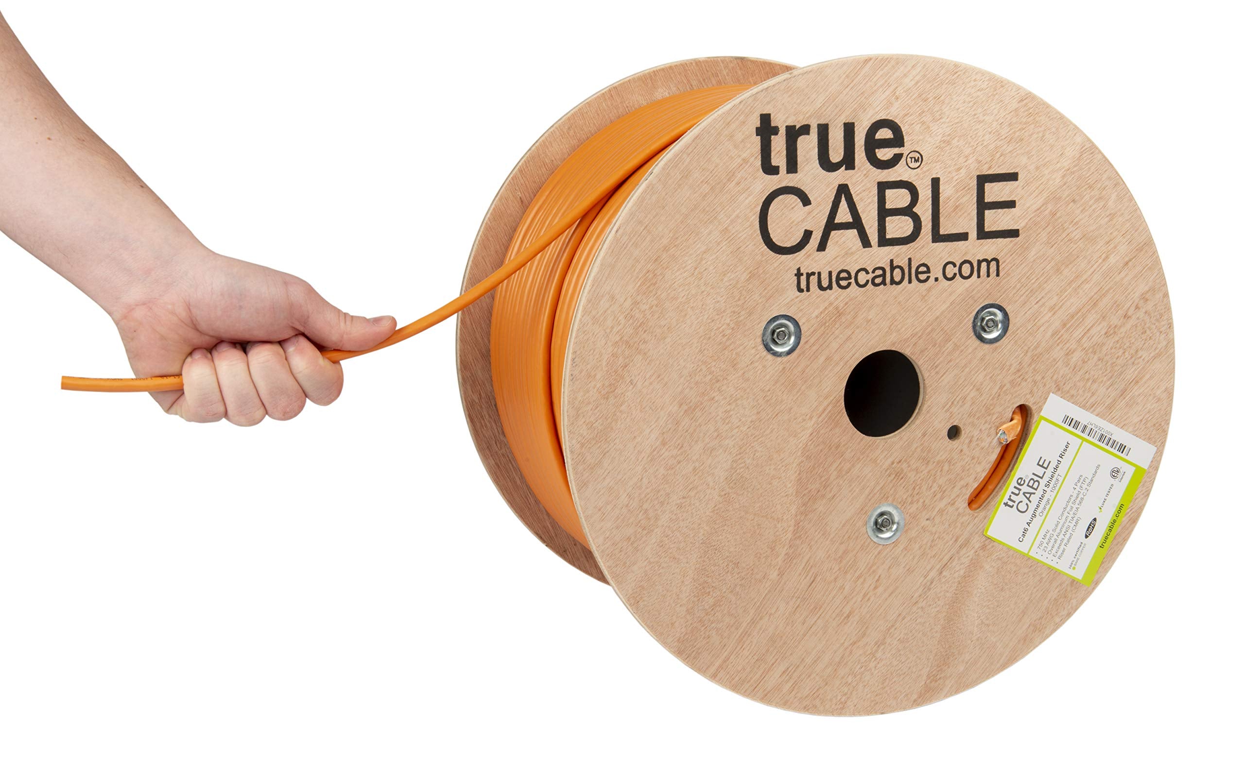 Truecable Cat6A Shielded Riser (Cmr), 1000Ft, Orange, 23Awg Solid Bare Copper, 750Mhz, Poe++ (4Ppoe), Etl Listed, Overall Aluminum Foil Shield (F/Utp), Bulk Ethernet Cable