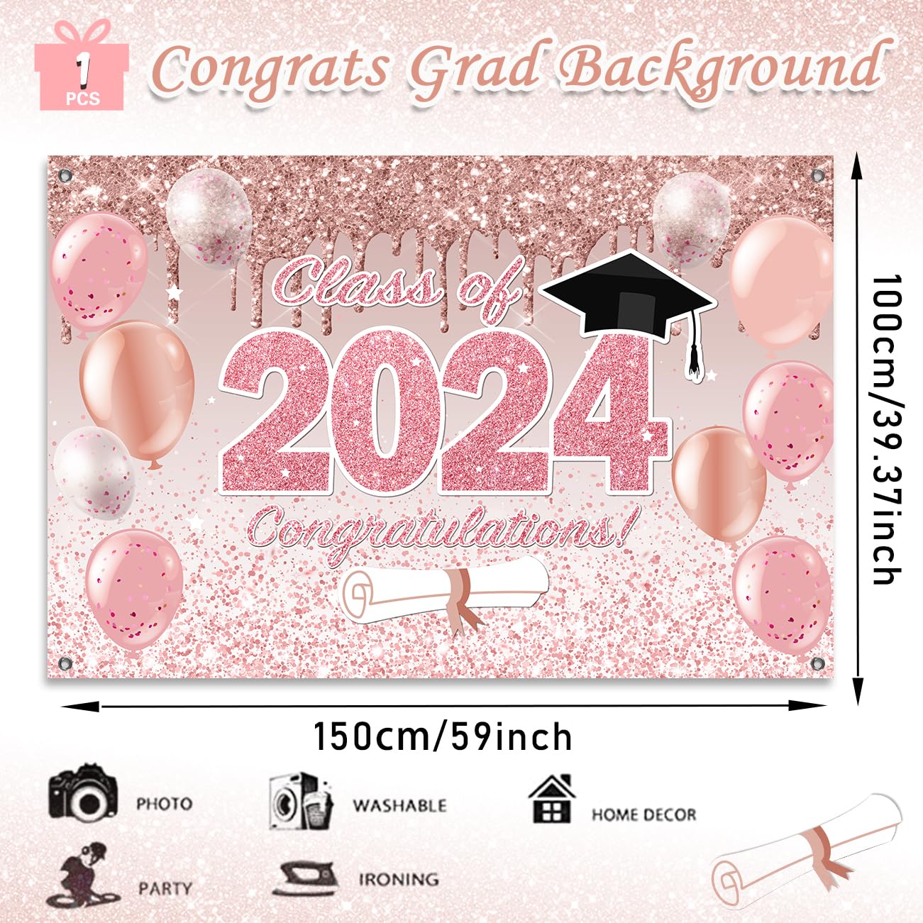 Pink Graduation Decorations Class Of 2024, Pink Rose Gold Graduation Backdrop, Class Of 2024 Banner Supplies For Pink Graduation