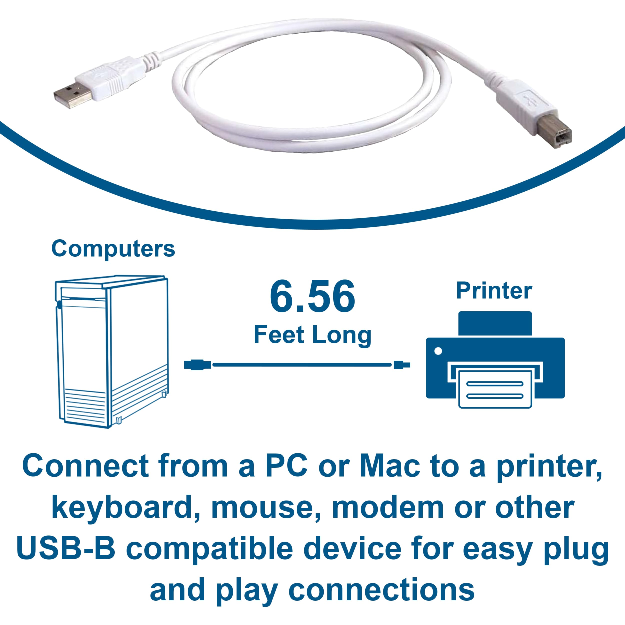 C2G Usb Connection Cable, Usb 2.0 A To B Cable, Plug And Play Usb Hub With Long Usb Extension Cable, 6.5 Foot Usb Cable, White,