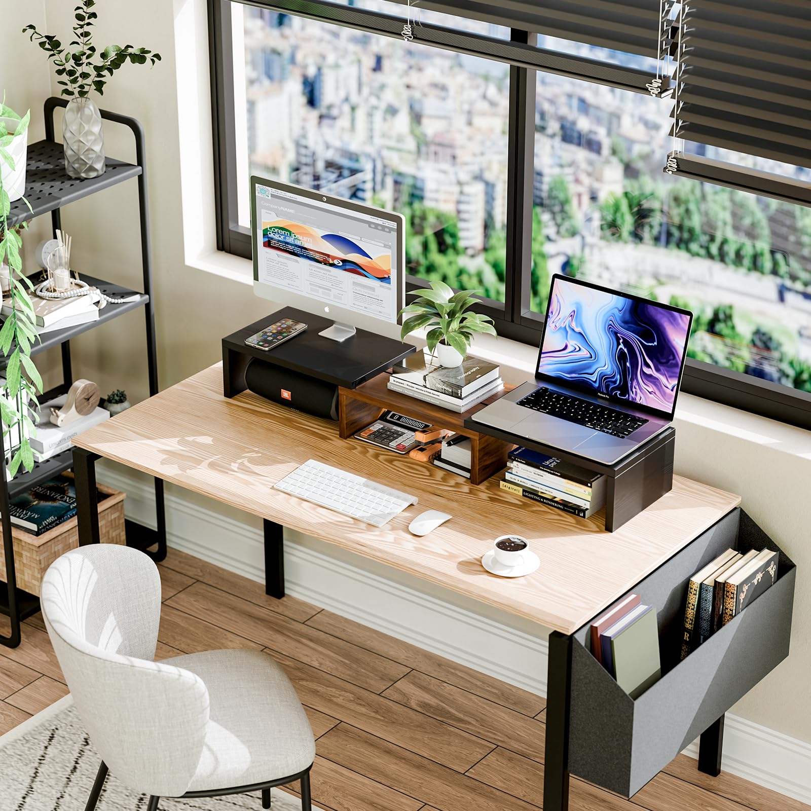 Simple Trending Adjustable Monitor Stand Riser - 3 Shelf with Drawer, Black, Wood, Model 1