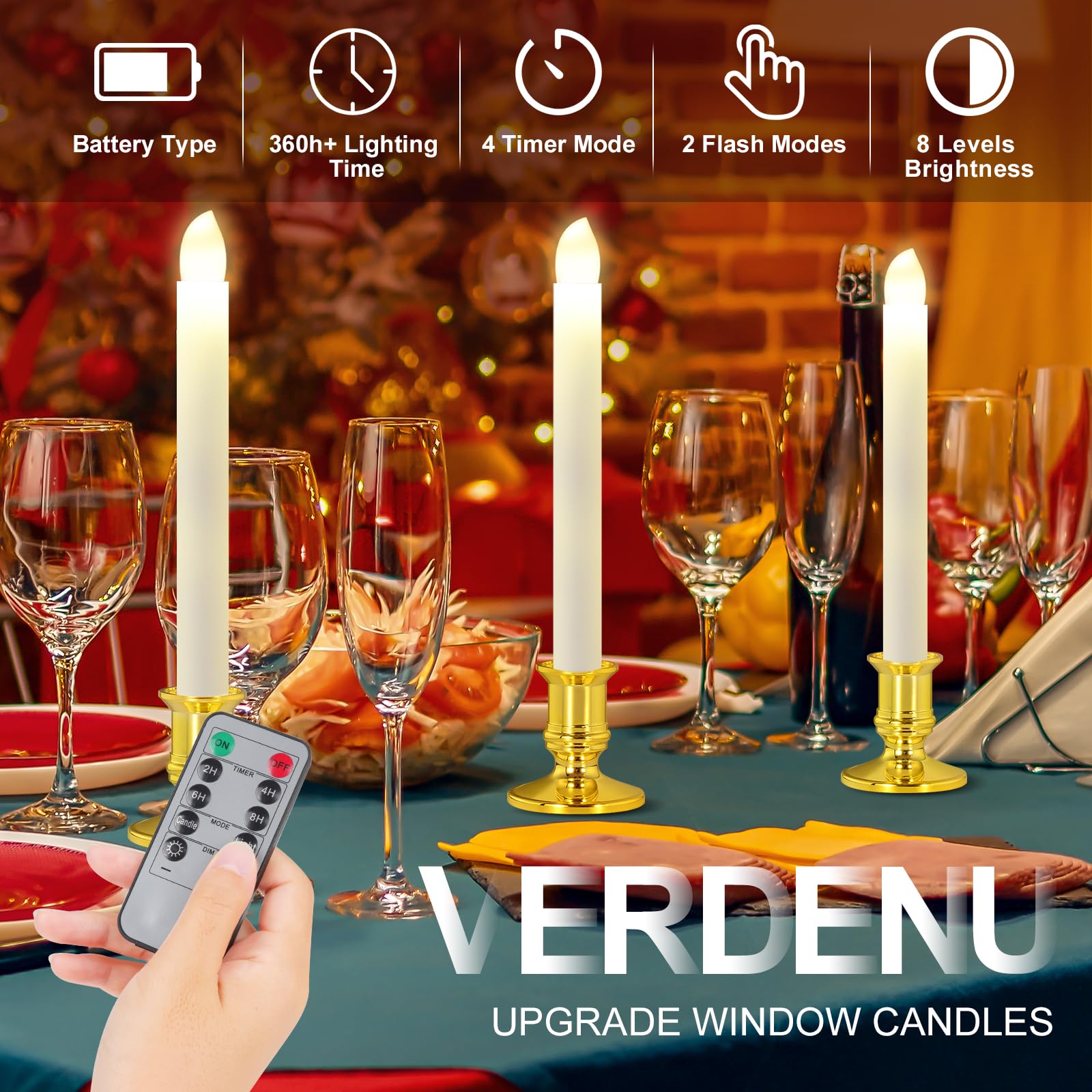Verdenu 14 Pack Christmas Window Candles With Timer Remote, Battery Operated Led Candles With Holder/Suction Cups, Gold