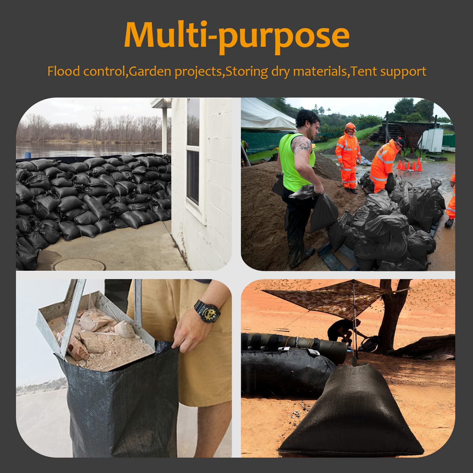 Askiz Heavy Duty Sand Bags With Uv Protection - 16 X 25.5 Ultra Tough Polypropylene Sandbags For Hurricane Flooding (Black 100 B