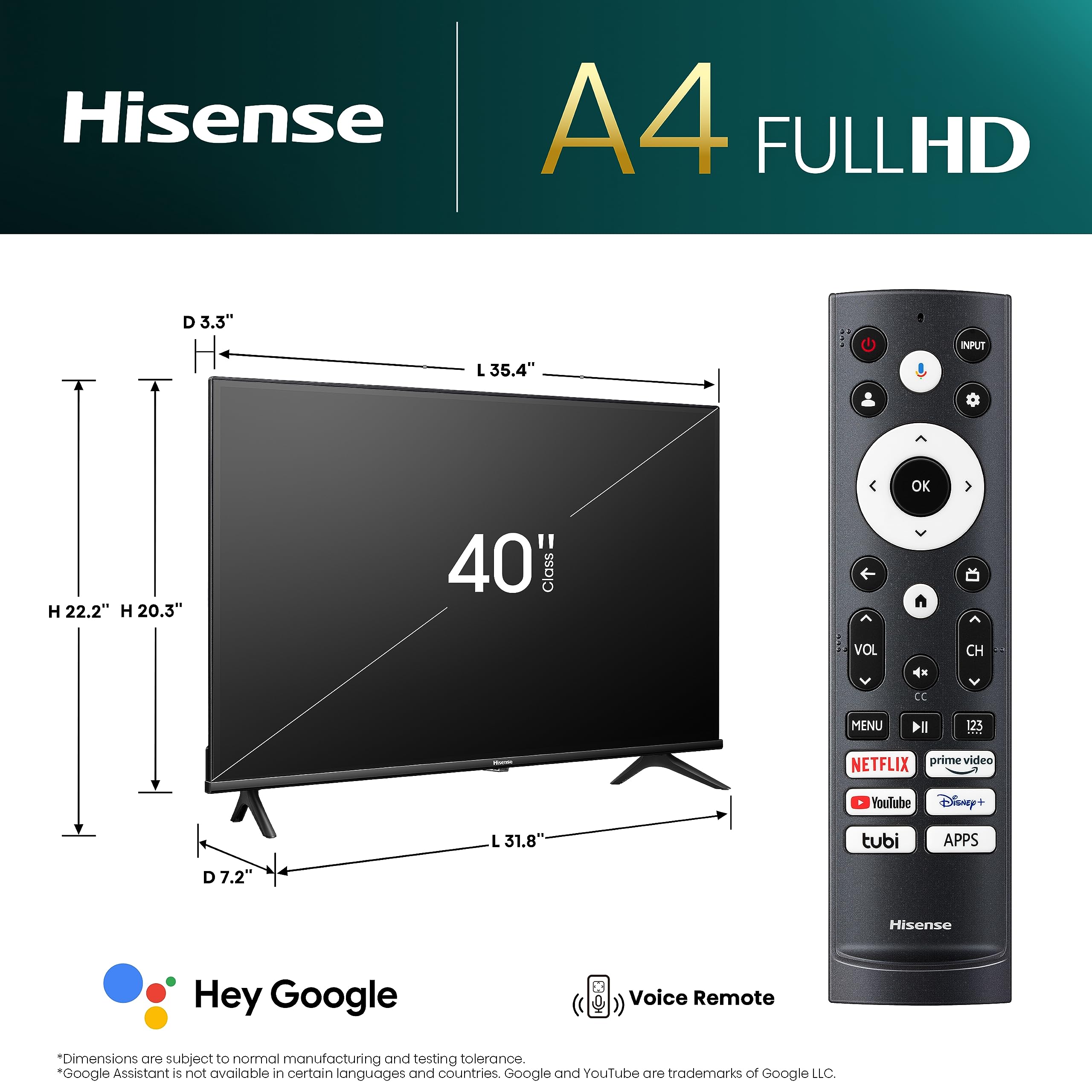 Hisense 40 Inch Class A4 Series Fhd 1080P Google Smart Tv (40A4K)   Dts Virtual: X, Game & Sports Modes, Chromecast Built In, Al
