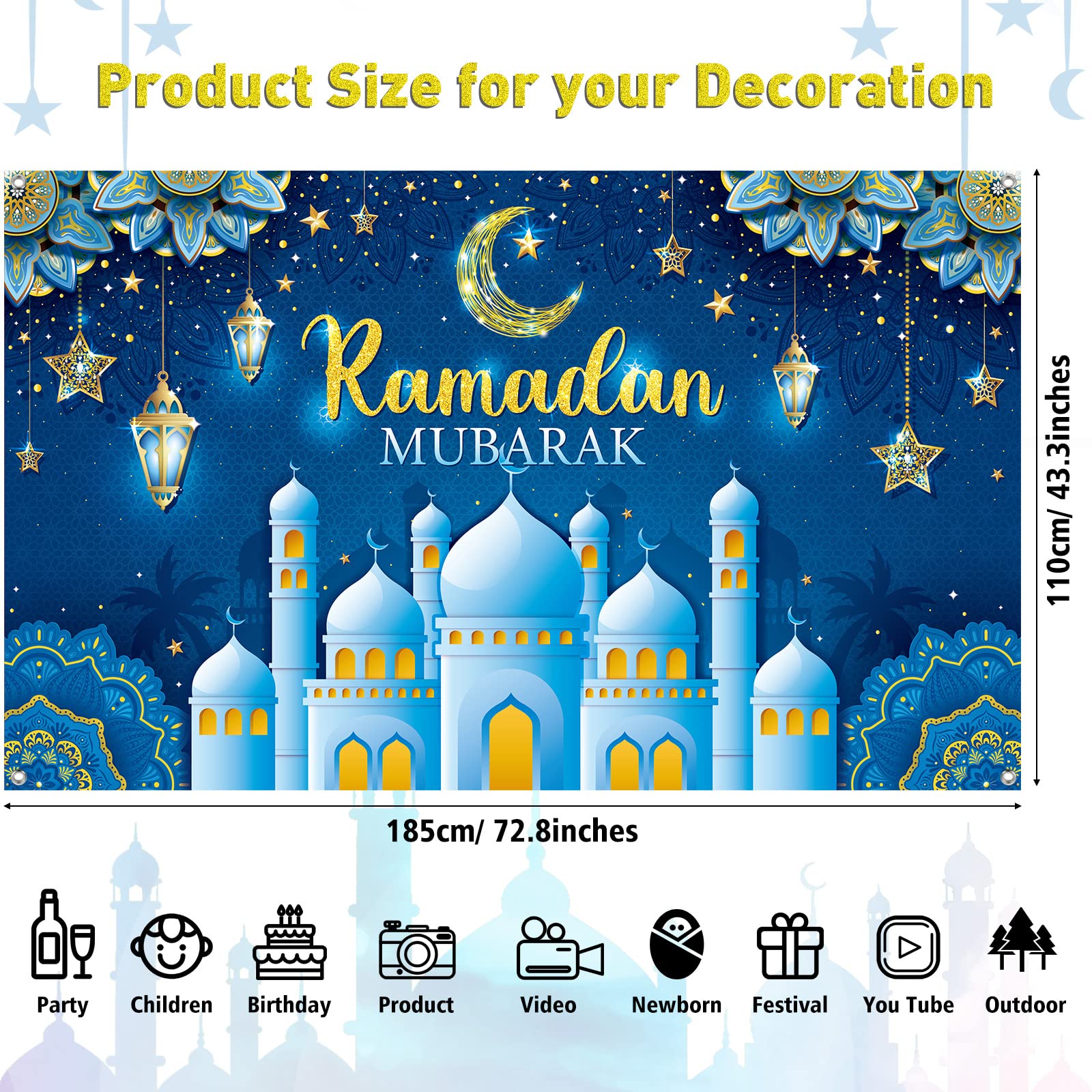 Ramadan Mubarak Decorations Backdrop Banner, Sign Photo Booth Background For Home Muslim Ramadan Kareem Eid Al Fitr Party Suppli