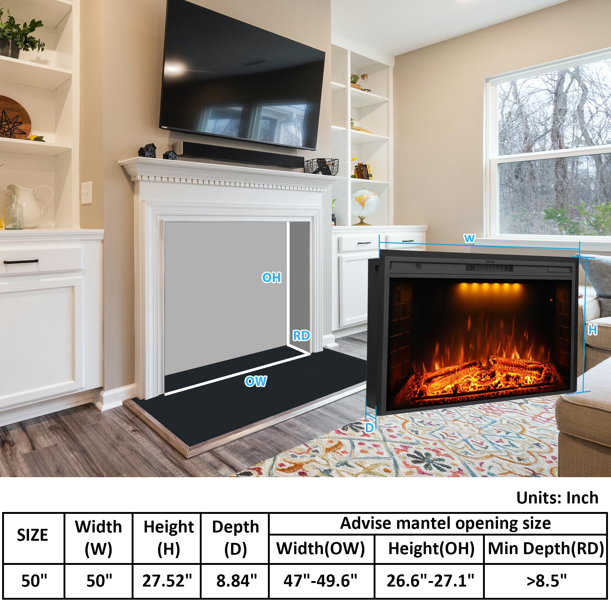 Dreamflame 50 Inch Electric Fireplace, Wall Fireplace Electric With Remote Control, Realistic Log And Crackling Sound, Overheati