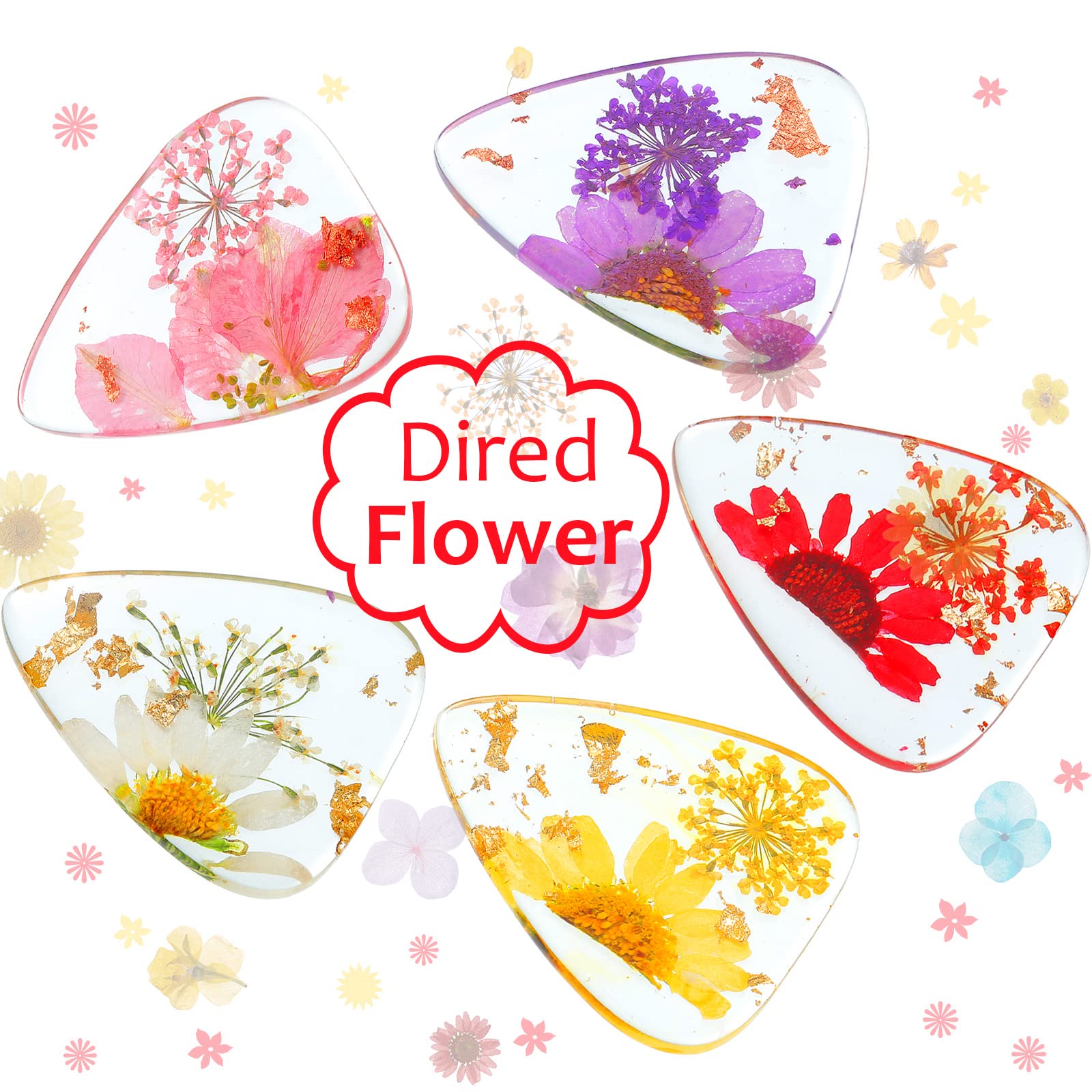 5 Pieces Flower Guitar Picks Dried Flower Resin Guitar Picks Handmade Plectrums Stylish Colorful Guitar Plectrums Floral Bass Picks For Electric, Acoustic Guitar Bass Ukulele, 5 Styles