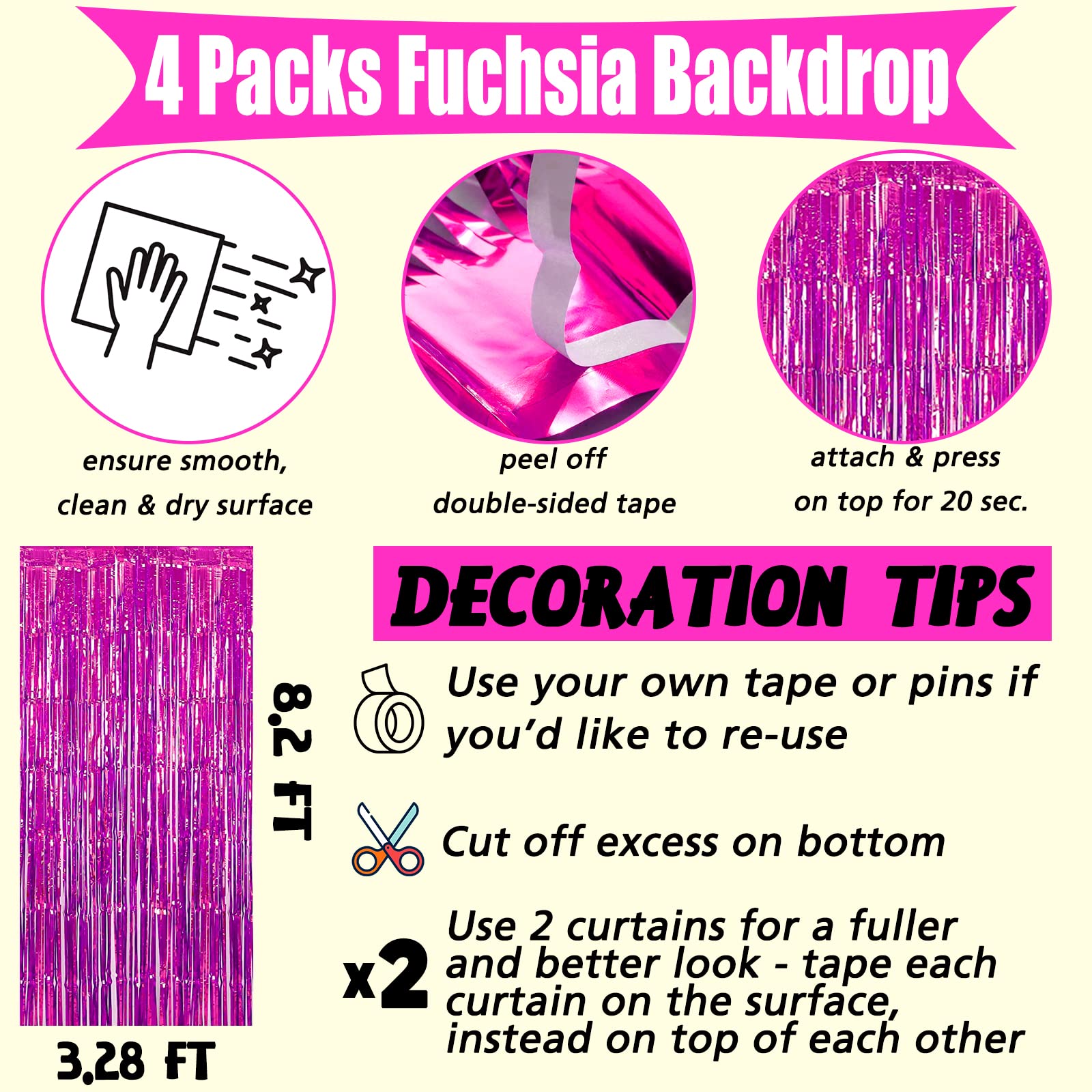 4 Pack Fuchsia Fringe Curtain Backdrop, 3.2Ft X 8.2Ft Metallic Tinsel Foil Fringe Streamers Curtains Background For Photo Booth