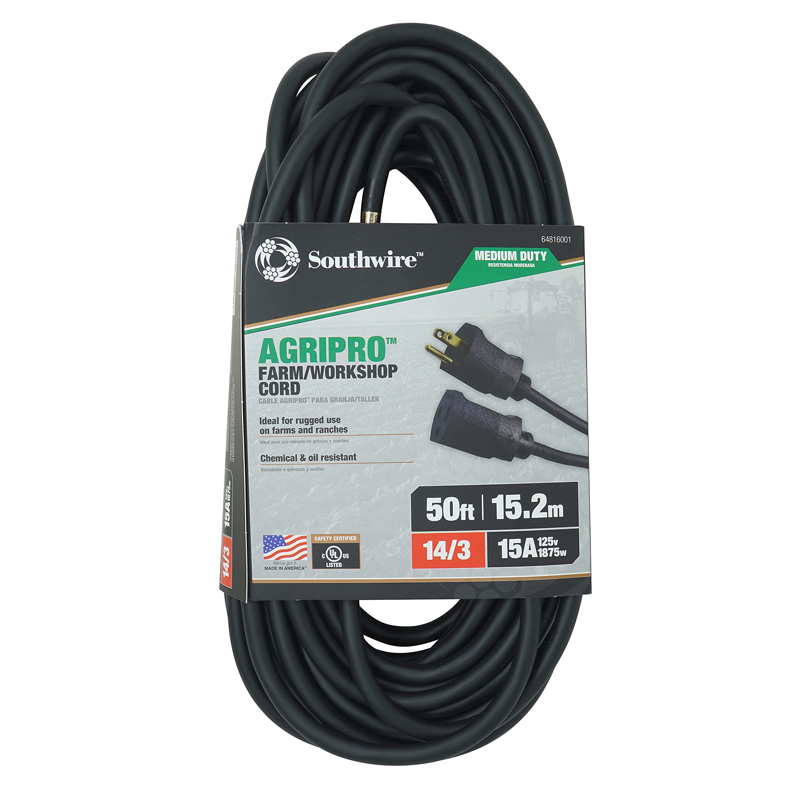 Southwire Agripro Medium Duty Extension Cord, 50Ft, 14 Gauge, 3 Conductor, Farm/Workshop Cord, Sjtow, Black, 64816001