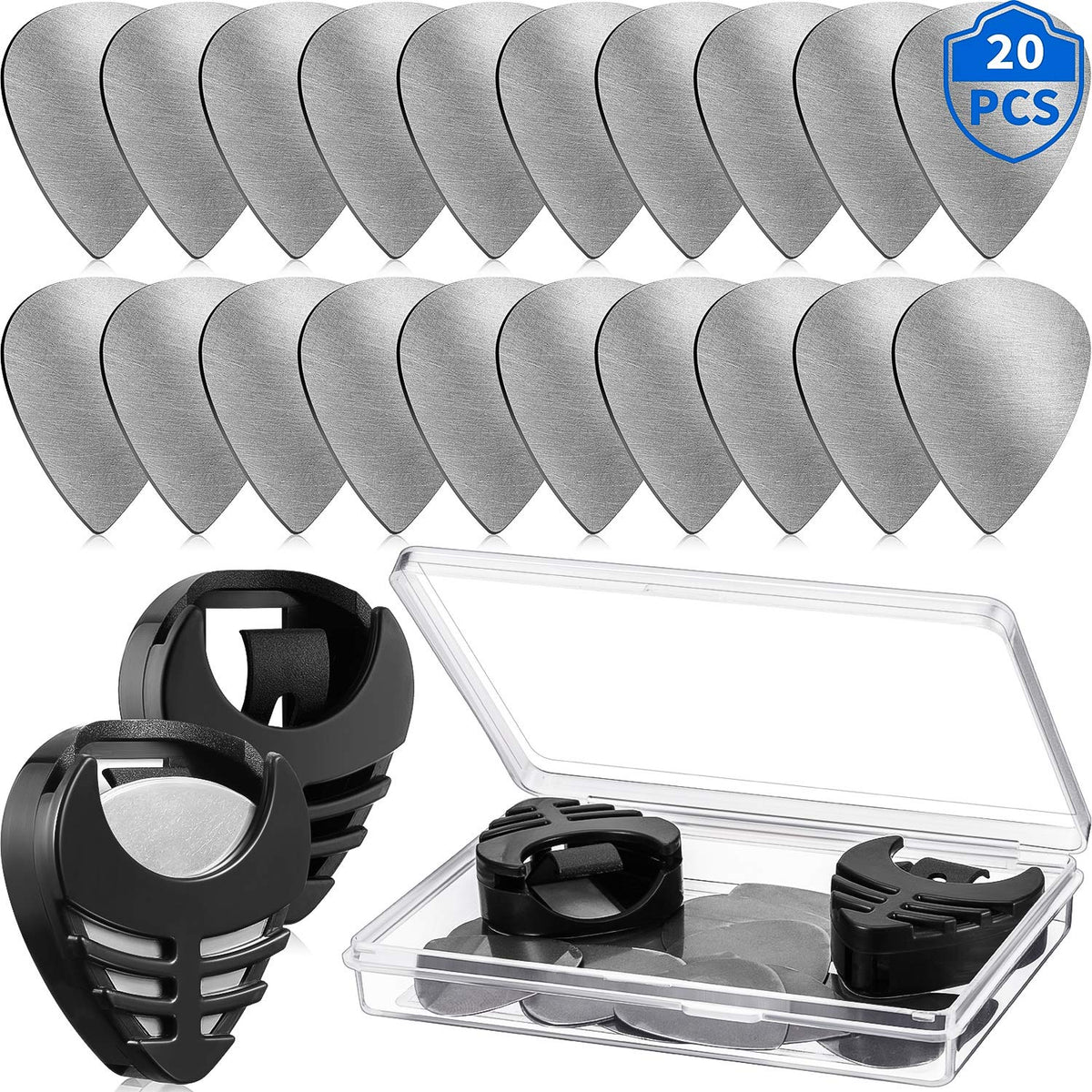 20 Pieces Guitar Picks With 2 Plectrums Holder And 1 Storage Case Metal Stainless Steel Picks Black Plectrums Holder For Electric Guitar Bass Ukulele